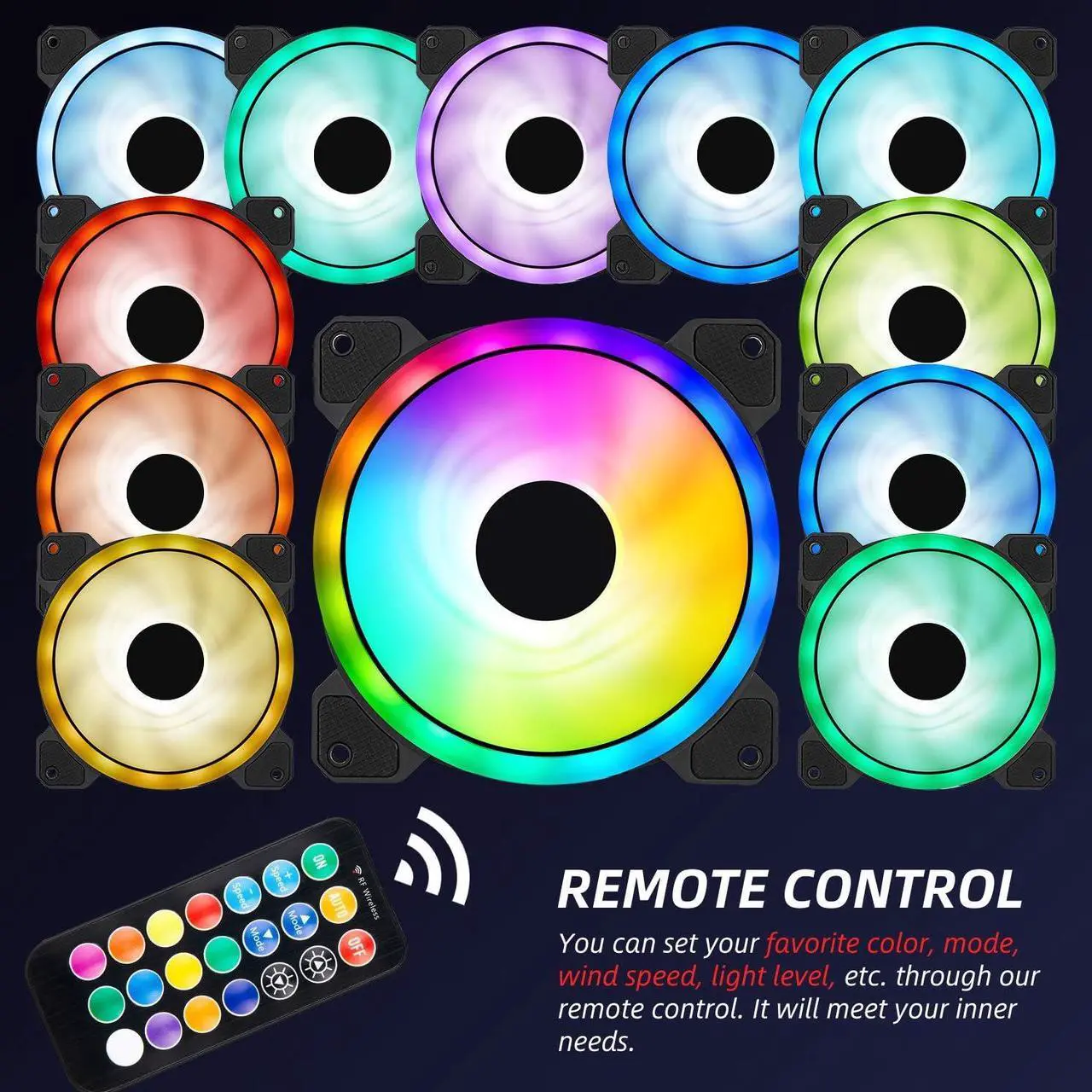 Alt view image 5 of 7 - 3 Pack RGB Case Fans, 120mm Ultra-Quiet RGB Chassis Cooling Fans, Equiped with Remote Control Hub, 5V ARGB Sync, Speed Adjustable Colorful Cooler, High-Performance Chassis Computer Fan for PC Case