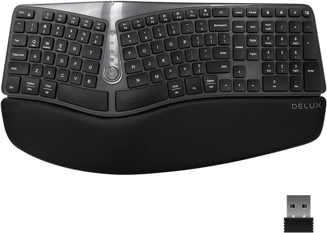 DELUX Wireless Ergonomic Split Keyboard with Wrist Rest, Multi-Device Ergo Keyboard Bluetooth, Comfortable Type and Reduce Hand Pain, for Windows and Mac (GM901D-Black)