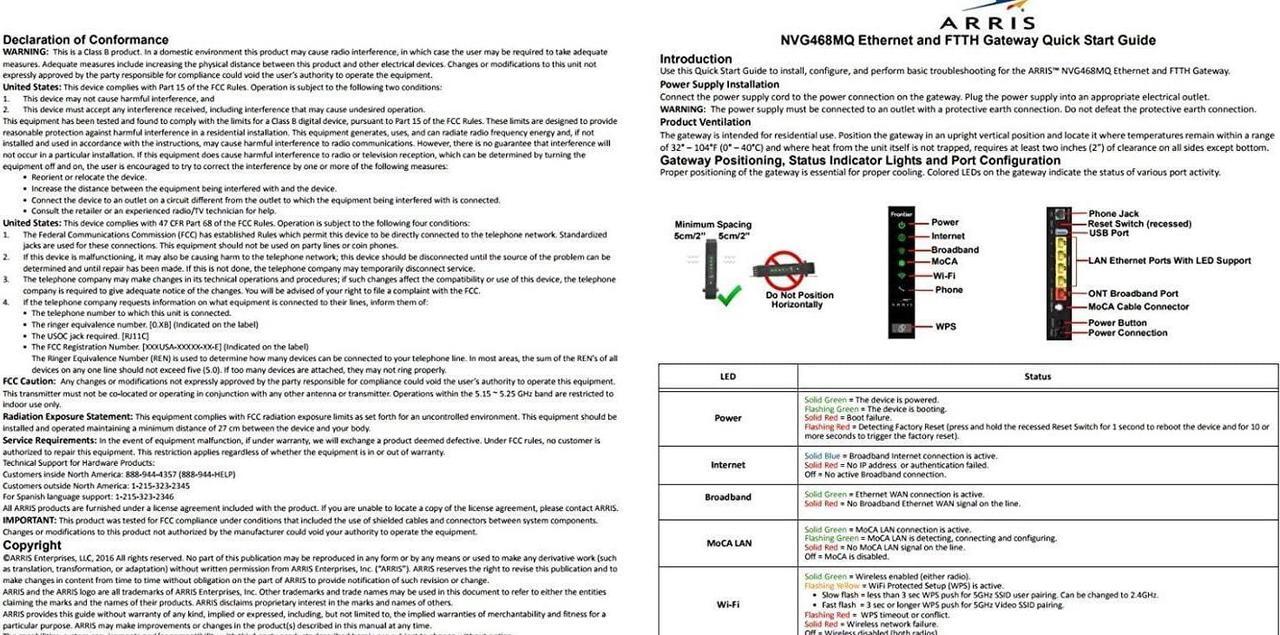 Alt view image 3 of 5 - Arris NVG468MQ 802.11ac Wi-Fi and MoCA2.0 Frontier Formerly Verizon Fios Firmware Better than G1100 Wireless-AC Wireless Gateway