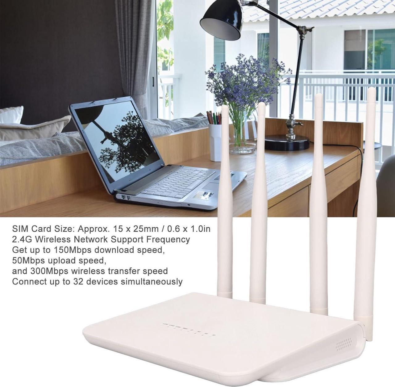 Alt view image 3 of 7 - 4G LTE Modem WiFi Router with SIM Card Slot, 4 Antennas, 2.4G 300Mbps, Support 32 Devices, for Home Office, 100-240V