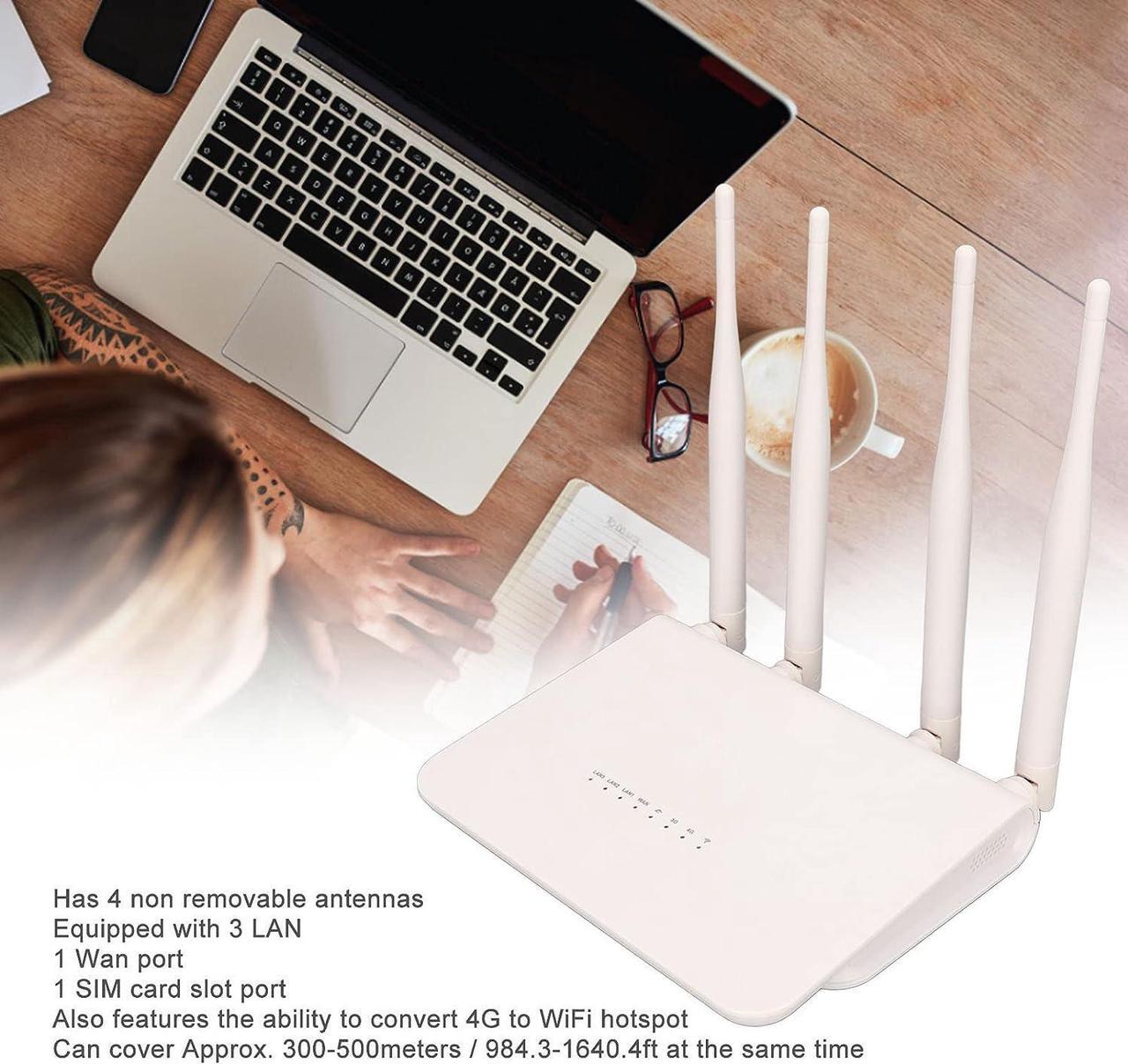 Alt view image 2 of 7 - 4G LTE Modem WiFi Router with SIM Card Slot, 4 Antennas, 2.4G 300Mbps, Support 32 Devices, for Home Office, 100-240V