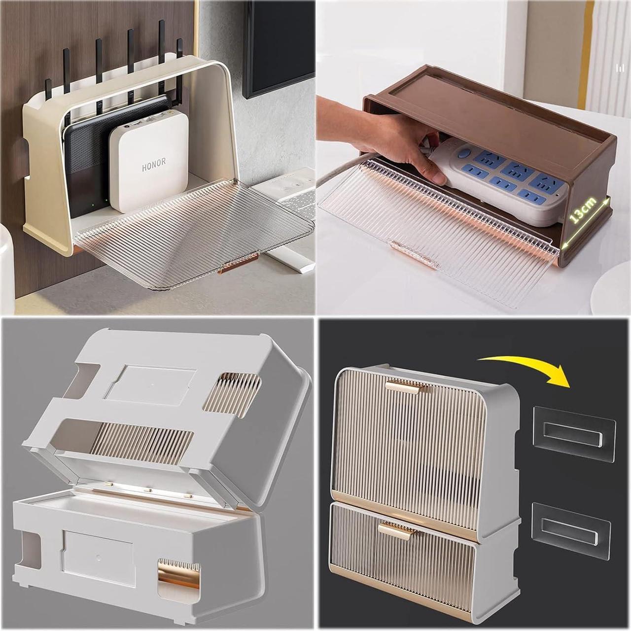 Alt view image 6 of 7 - WiFi Storage Box, Wall Mounted WiFi Storage Box Cable Storage Box WiFi Router Storage Box Desktop for Storage of Wires Routers
