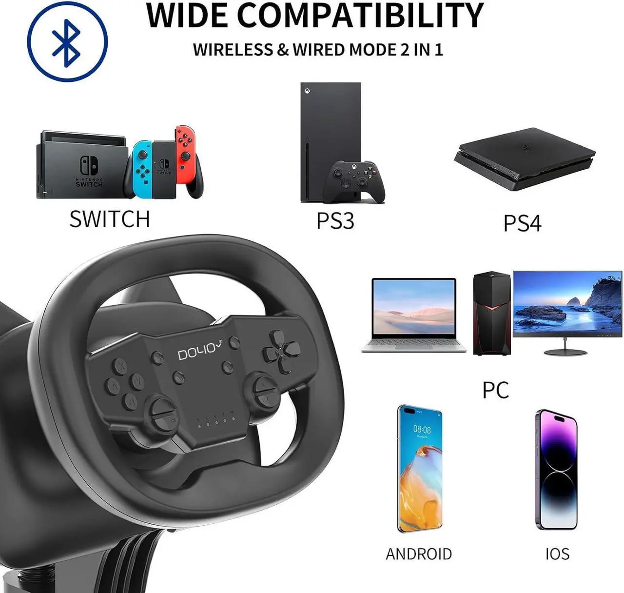 Alt view image 2 of 7 - NBCP Gaming Racing Wheel, PC Wireless Steering Wheel Race games wheels for Nintendo Switch, PC, PS4, PS3, Ios& Android mobile phones, Tablets