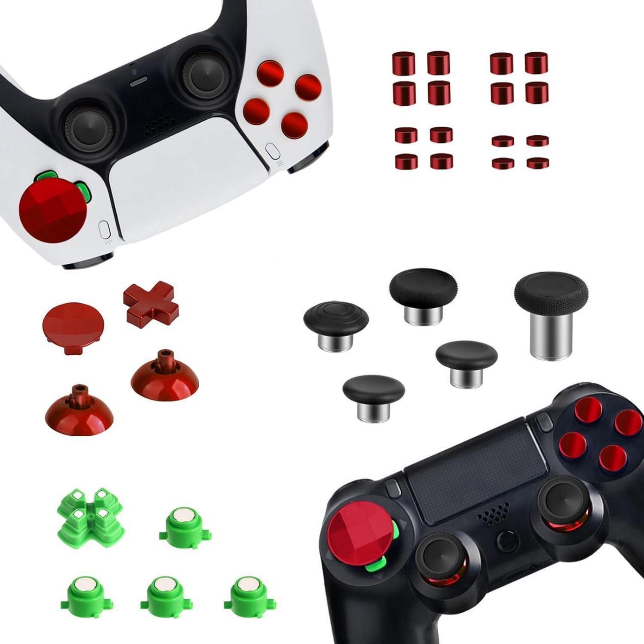 Main image of Magnetic Metal Buttons Accessories for PS4 PS5 Controller, Adjustable Height Thumbticks Replacement Parts for PS4 Slim Pro & PS5 Controllers,Includes Joysticks,Actinon Buttons & Dpad(Red)