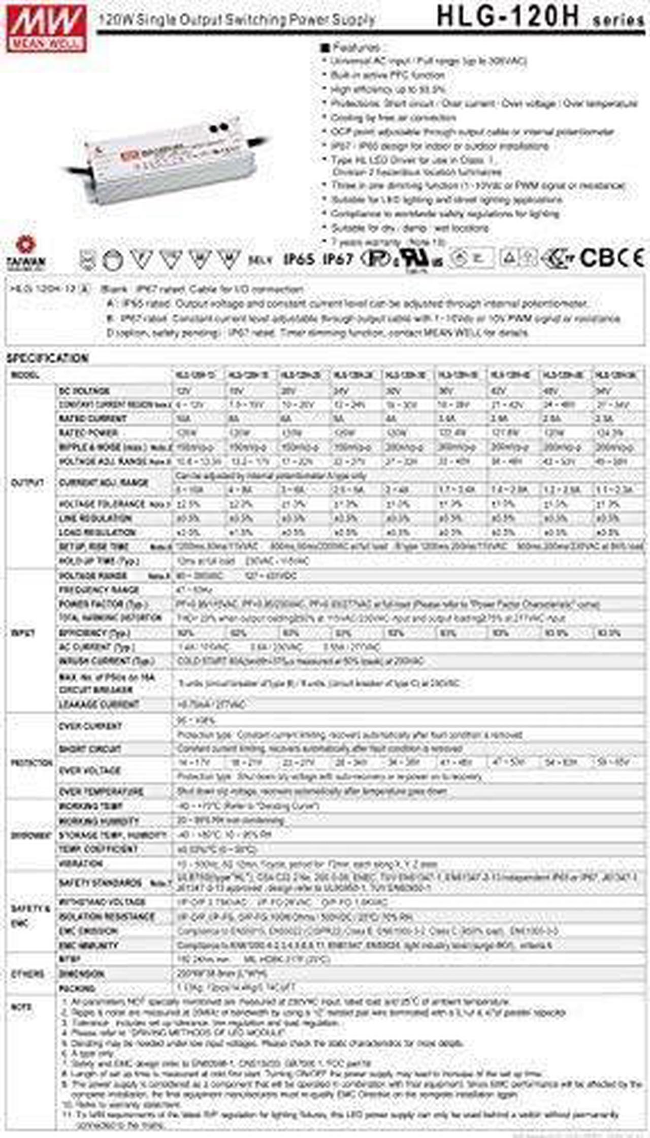 Alt view image 2 of 4 - [PowerNex] Mean Well HLG-120H-20A 20V 6A 120W Single Output Switching LED Power Supply with PFC