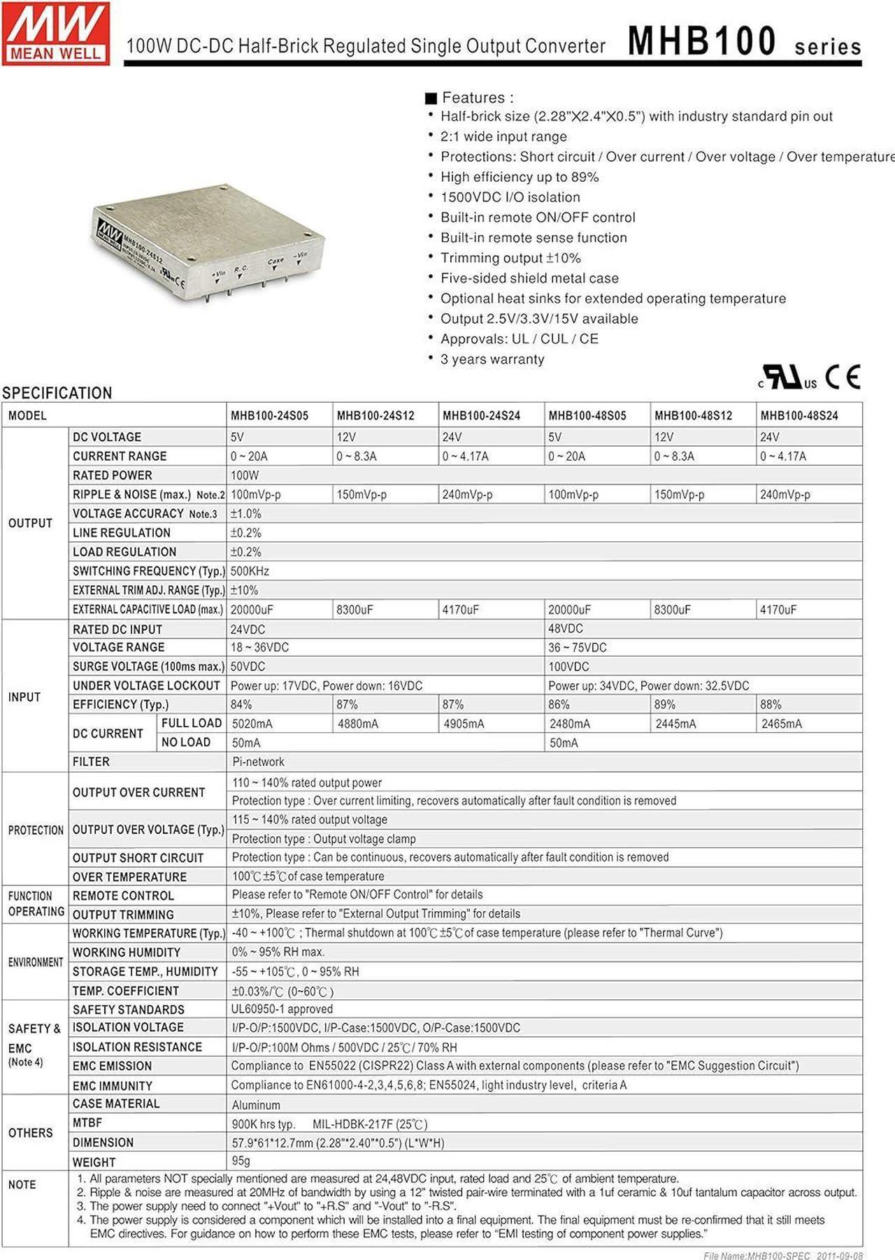 Alt view image 2 of 7 - MEAN WELL MHB100-24S05 5V 0~20A 100W DC-DC Half-Brick Regulated Single Output Converter DC/DC Converter