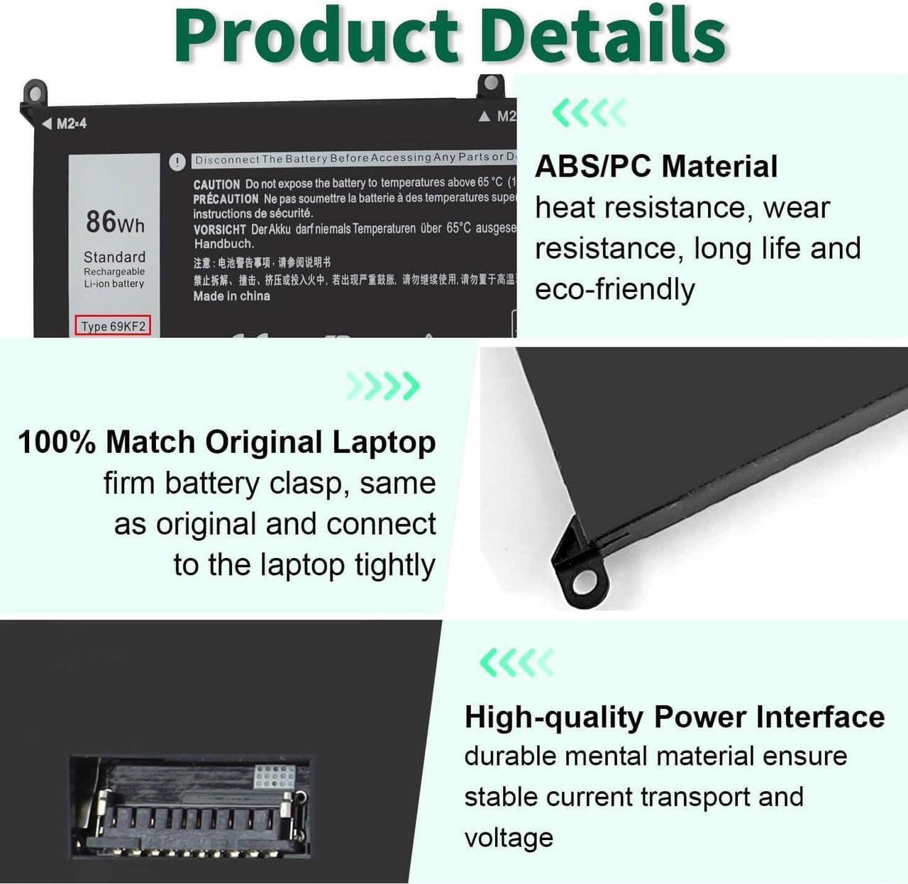 Alt view image 3 of 7 - DMKAOLLK 86Wh 69KF2 8FCTC Battery for Dell XPS 15 9500 9510 9520 9530 Precision 5550 5560 5570 Alienware M15 R3 R4 R5 R6 R7 M17 R3 R4, G7 15 7500,G15 5510 5520 P87F P91F P100F P45E 11.4V