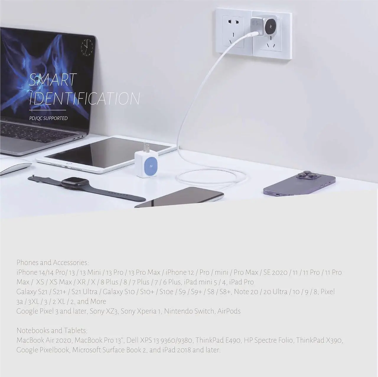 Alt view image 7 of 7 - USB C Charger 65W, (GaN Charger 65W),Fast Compact Charger for MacBook Pro/Air, iPad Pro, Google Pixelbook, ThinkPad E490, iPhone 15/14/13 Microsoft Surface Book 2 and More Silver