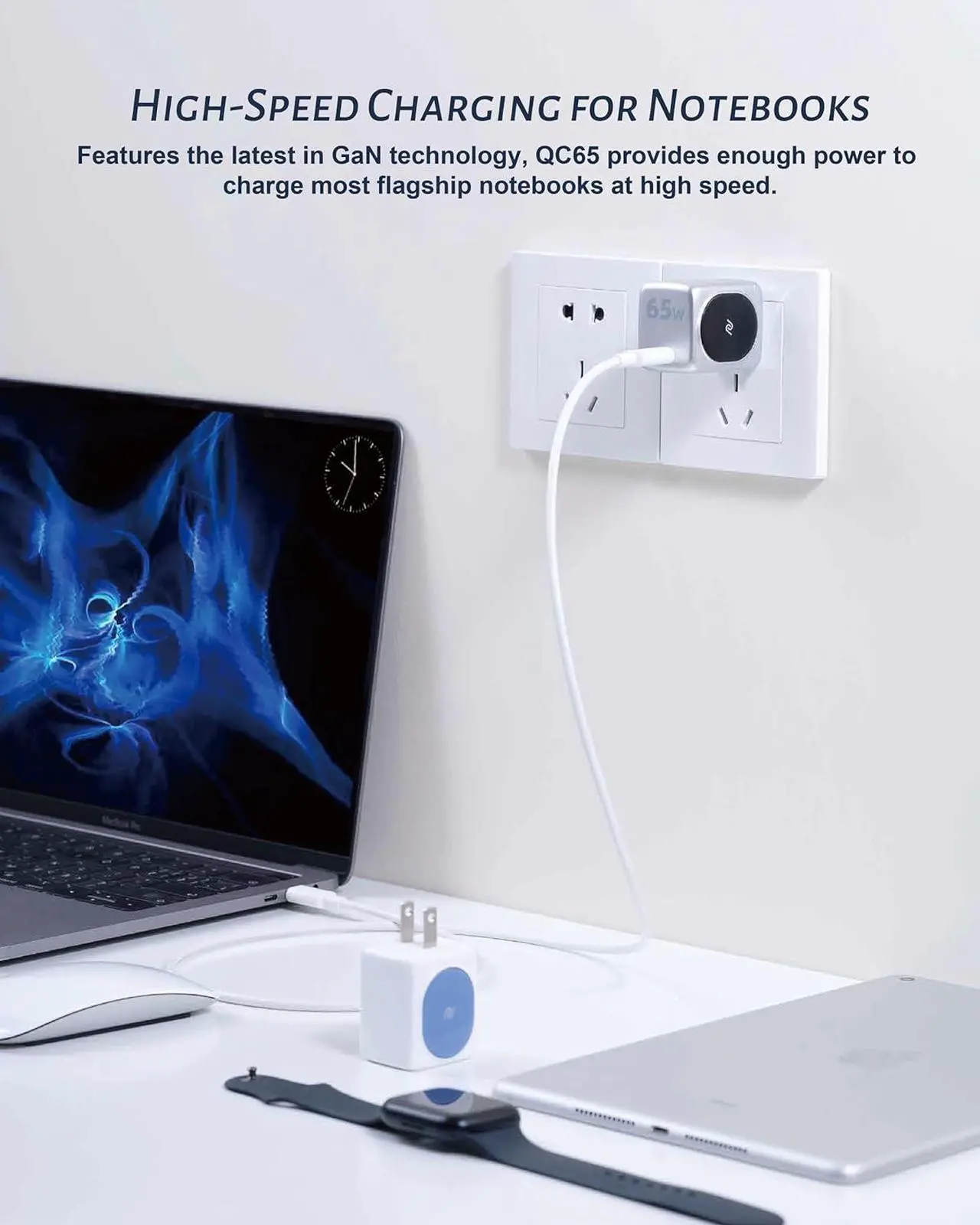 Alt view image 6 of 7 - USB C Charger 65W, (GaN Charger 65W),Fast Compact Charger for MacBook Pro/Air, iPad Pro, Google Pixelbook, ThinkPad E490, iPhone 15/14/13 Microsoft Surface Book 2 and More Silver