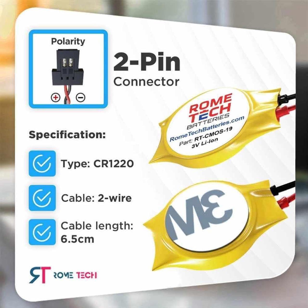 Alt view image 2 of 5 - Rome Tech CR1220W CMOS Battery for Medion Akoya P2212T / Medion Akoya S2218 - Laptop Backup BIOS RTC 3V CR 1220 Battery with 2 Wire Cable FI Connector (10-Pack)