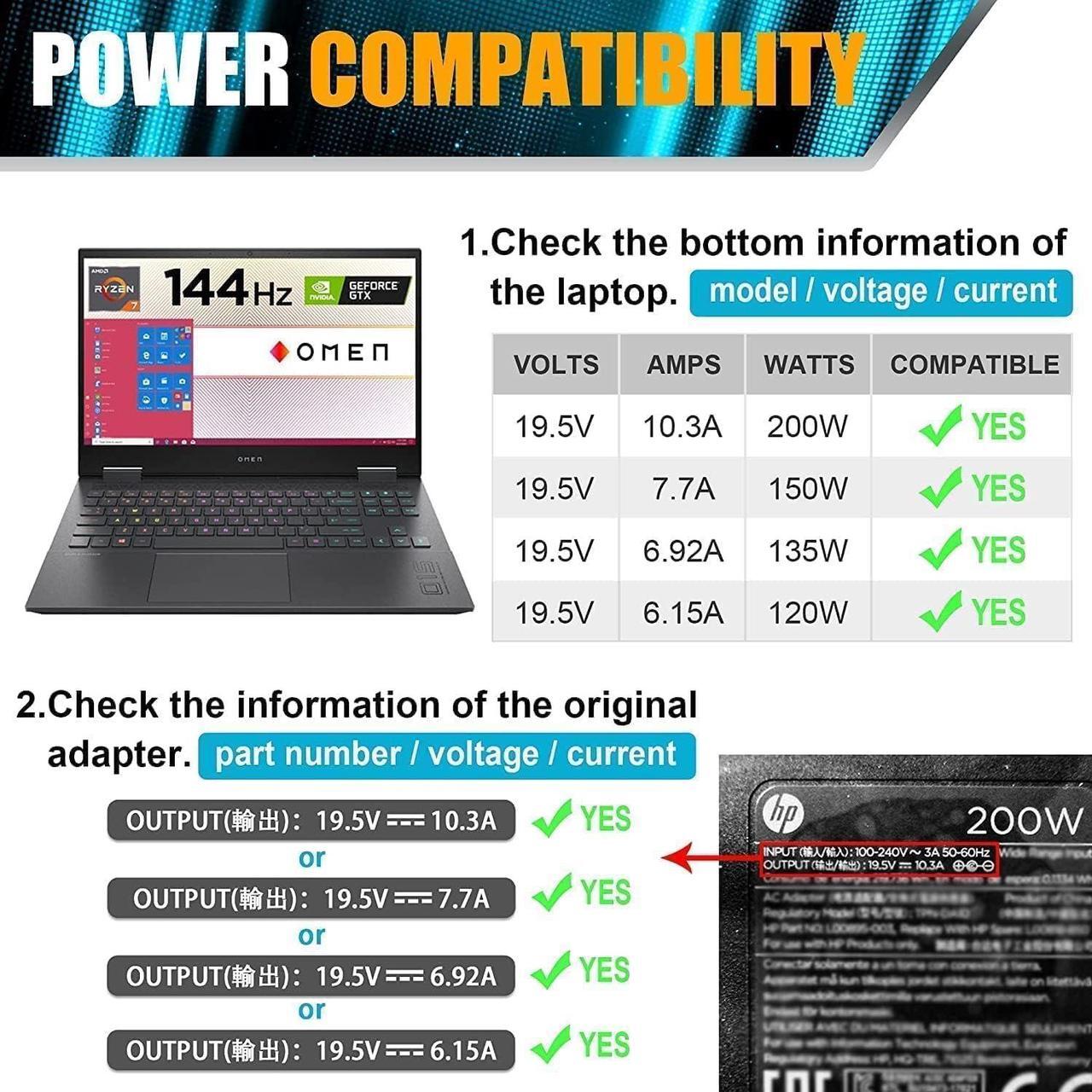 Alt view image 3 of 6 - 200W AC Adapter Laptop Charger Compatible with HP OMEN Pavilion Gaming 15 17 Envy 15 2020 TPN-DA10 L00818-850 TPN-LA21 L73385-001 ADP-200HB B OMEN 15 15t 17 17t Power Supply Cord