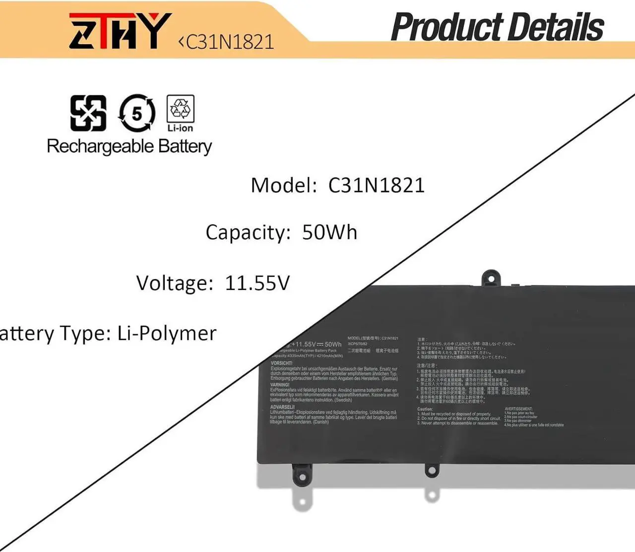 Alt view image 3 of 7 - ZTHY C31N1821 Laptop Battery Replacement for ASUS ZenBook S13 UX392 UX392FA UX392FN UX392FN-XS71 UX392FN-AB003T UX392FN-SP8509T UX392FN-AB006R UX392FN-8565 UX392FN-XS77 0B200-03210100 11.55V 50Wh