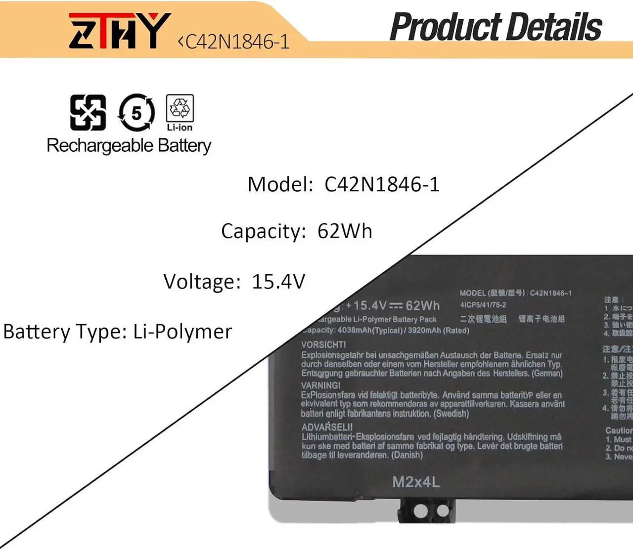 Alt view image 3 of 7 - ZTHY C42N1846 C42N1846-1 Laptop Battery Replacement for Asus ZenBook Pro Duo UX581 UX581G UX581GV UX581LV UX581GV-XB94T UX581GV-H2003T BP9901U UX581LV-BP1911U UX581LV-H2014R UX581LV-H2002R 62Wh 15.4V