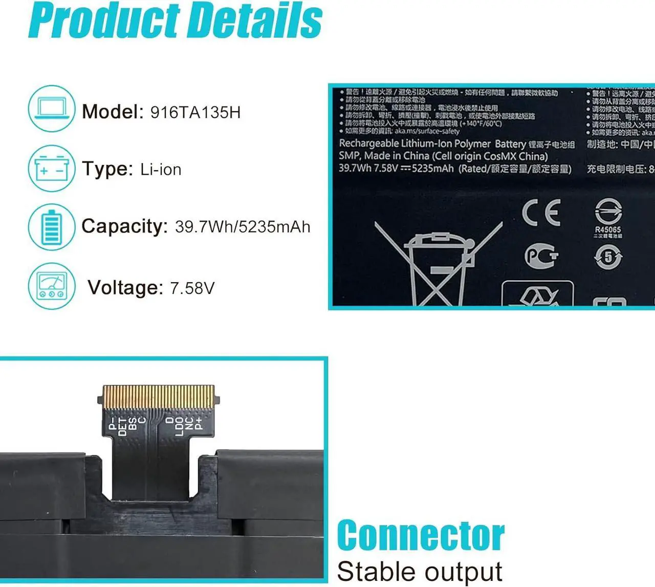 Alt view image 2 of 7 - TsuLin 916TA135H DYNZ02 Laptop Battery Compatible with Microsoft Surface Laptop Go Model 1943 12.4-Inch 39.7Wh/5235mAh 7.58V