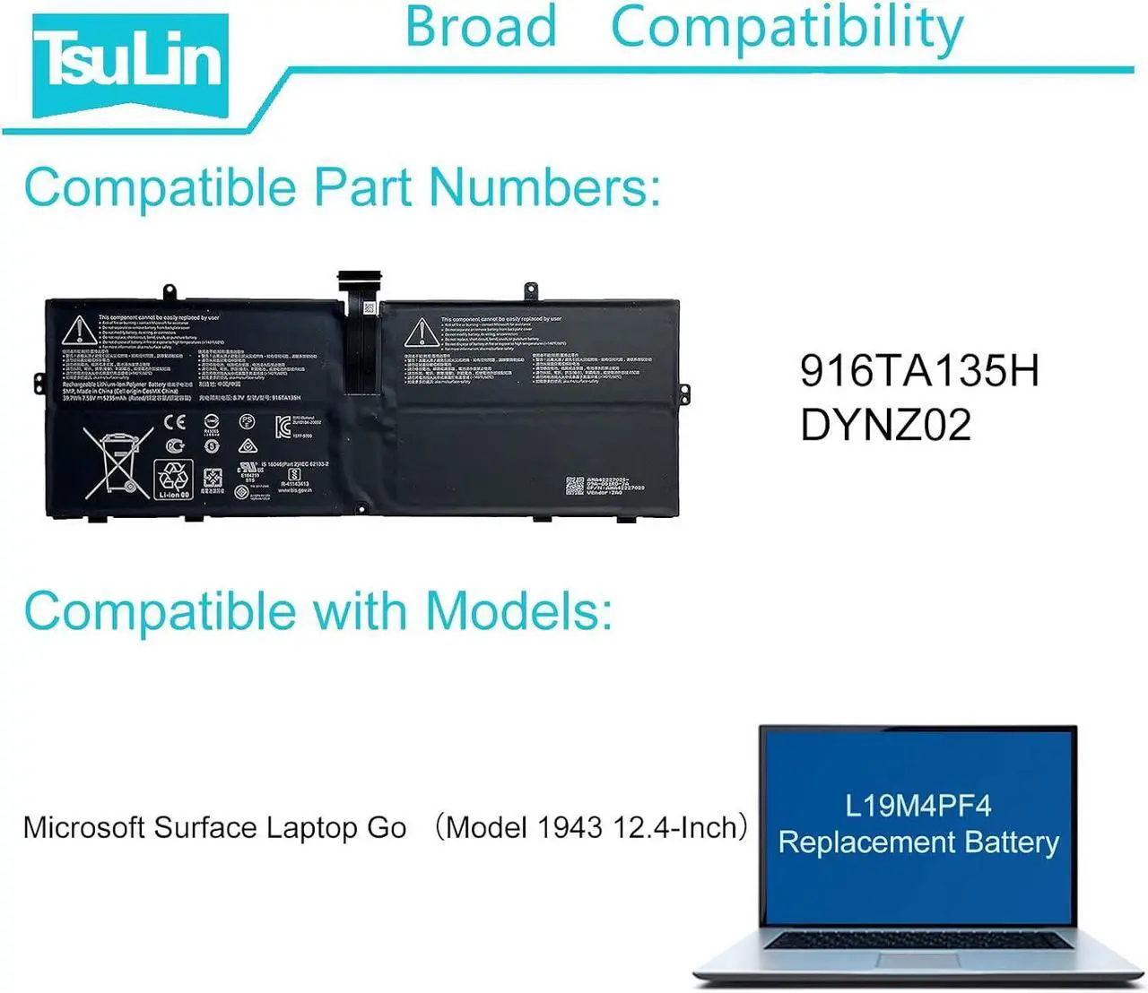 Alt view image 6 of 7 - TsuLin 916TA135H DYNZ02 Laptop Battery Compatible with Microsoft Surface Laptop Go Model 1943 12.4-Inch 39.7Wh/5235mAh 7.58V