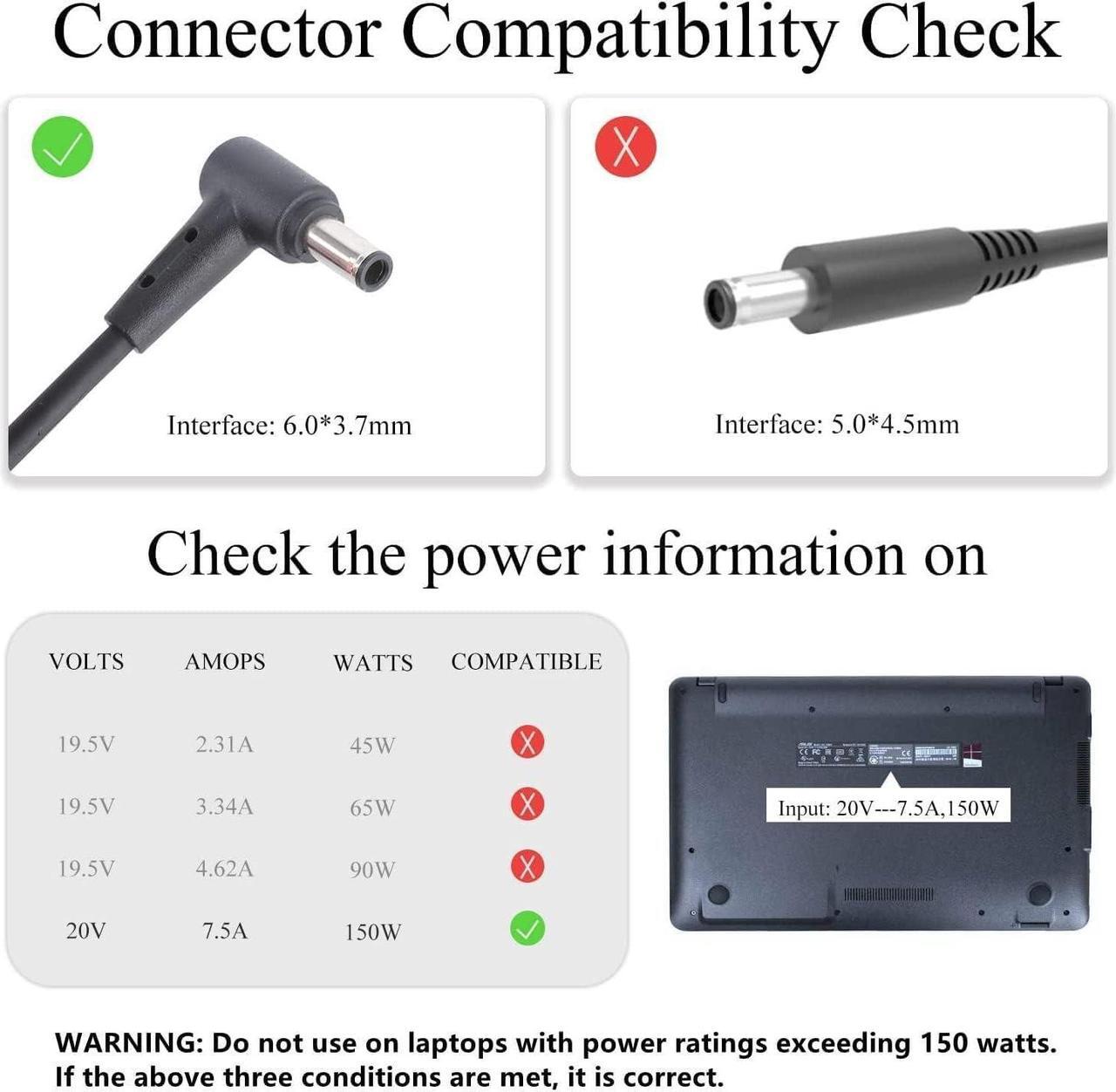Alt view image 3 of 6 - J-ZMQER 150W 20V 7.5A AC Adapter Charger Compatible with ASUS G512 G513 G531 G713 G731 6.0 * 3.7mm Tip