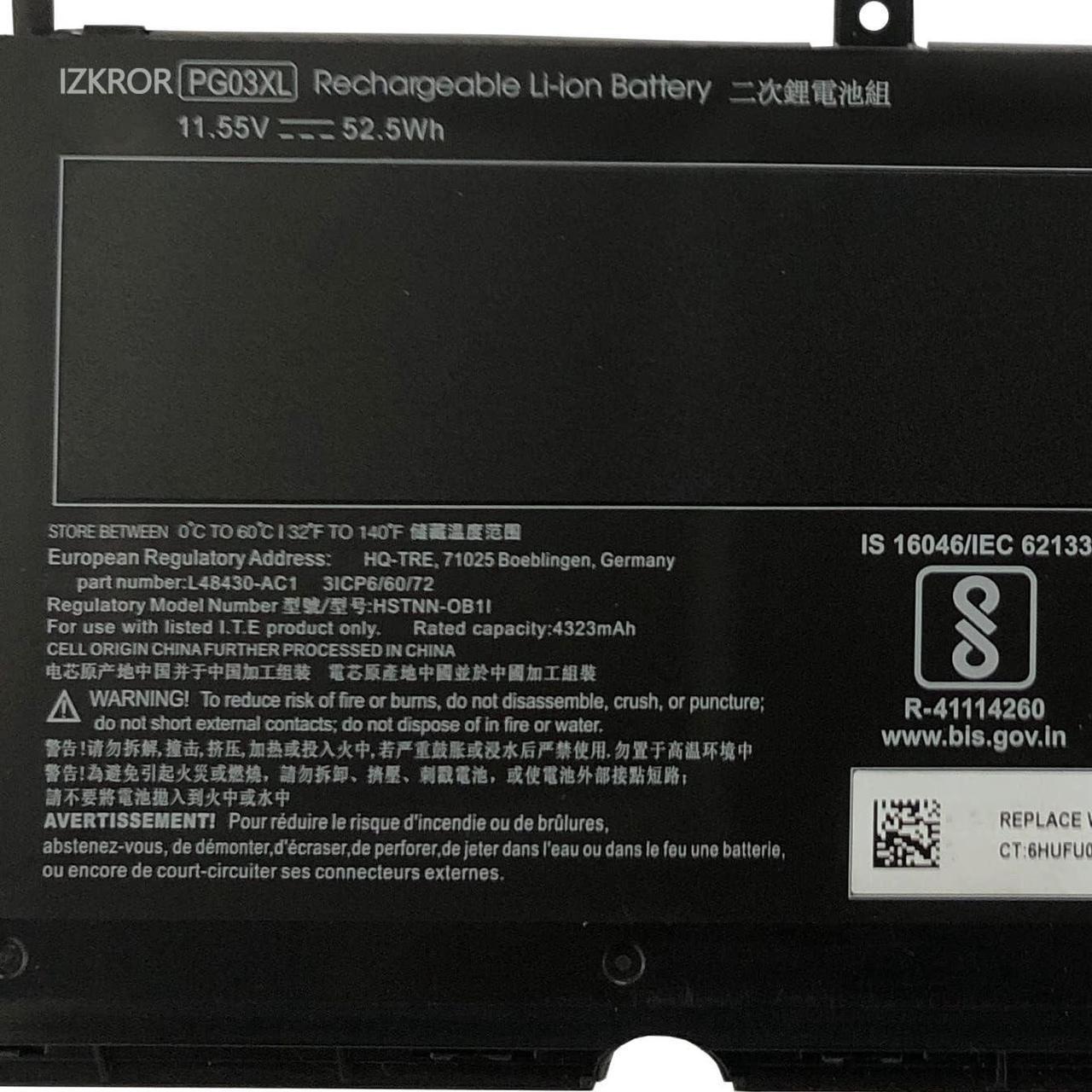 Alt view image 3 of 5 - IZKROR PG03XL 52.5Wh Battery Replacement for HP Pavilion Gaming 15-DK 15-ec 15-ec0000 16-A00000 15t-DK100 15z-EC200 OMEN 5X FPC52 Series HSTNN-OB1I HSTNN-DB9G L48495-005 L48430-AC1 L48430-AC2 11.55V