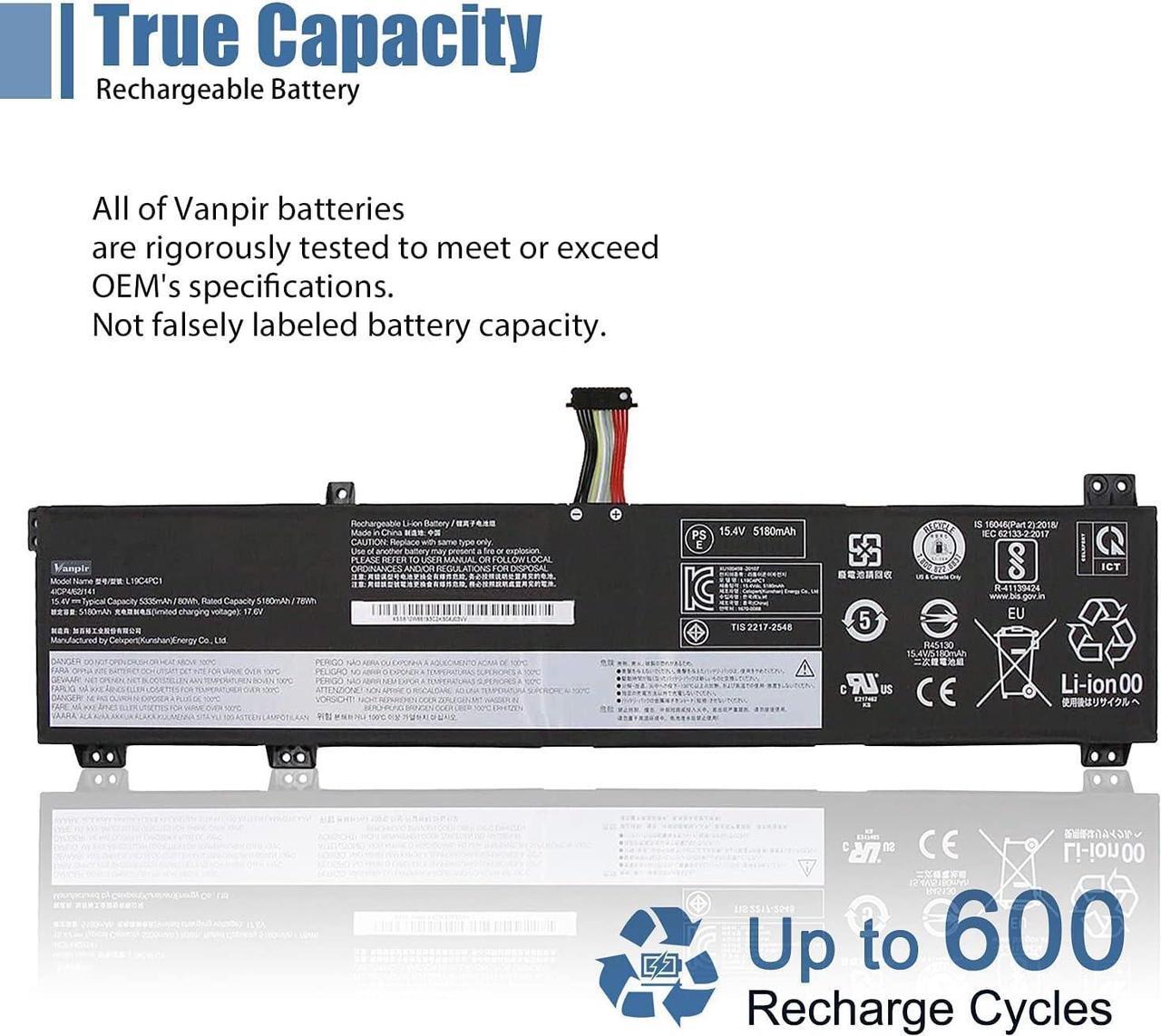 Alt view image 4 of 7 - Vanpir L19C4PC1 Laptop Battery 15.4V 80Wh 5335mAh Replacement for Lenovo Legion 5P-15IMH05 Legion 5-15IMH05 5-15ARH05 Series L19C4PC0 5B10W86196 L19M4PC0 5B10W86195 L19M4PC1 5B10W86192 5B10W86194