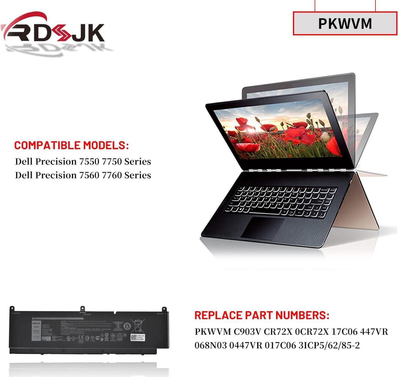 Alt view image 3 of 7 - PKWVM Laptop Battery for Dell Precision 7550 7750 7560 7760 Series C903V CR72X 17C06 447VR 0CR72X 068N03 0447VR 68N03 11.4V 95Wh