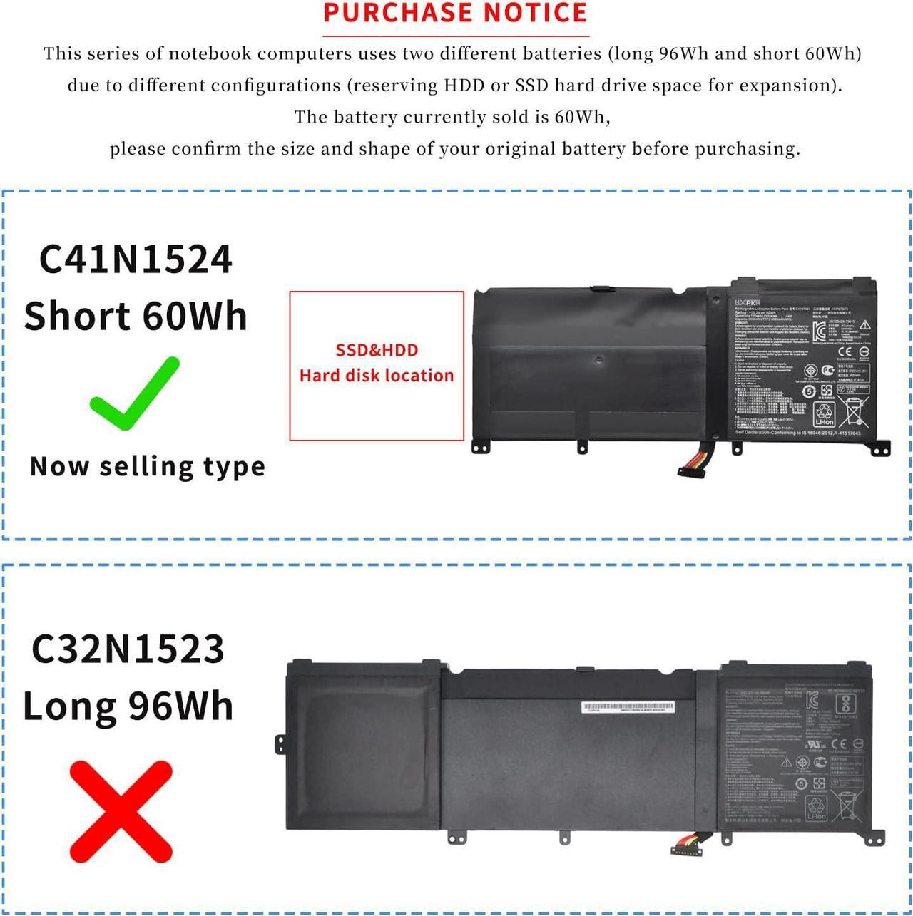 Alt view image 3 of 7 - HXPKH C41N1524 Laptop Battery for ASUS ZenBook G60V N501JW-1A N501JW-1B N501JW-2A N501JW-2B N501VW N501VW-2B UX501JW UX501VW UX501VW-FY103T for ROG G501VW G501VW-BSI7N25 Series 0B200-01250200 C41PMC5