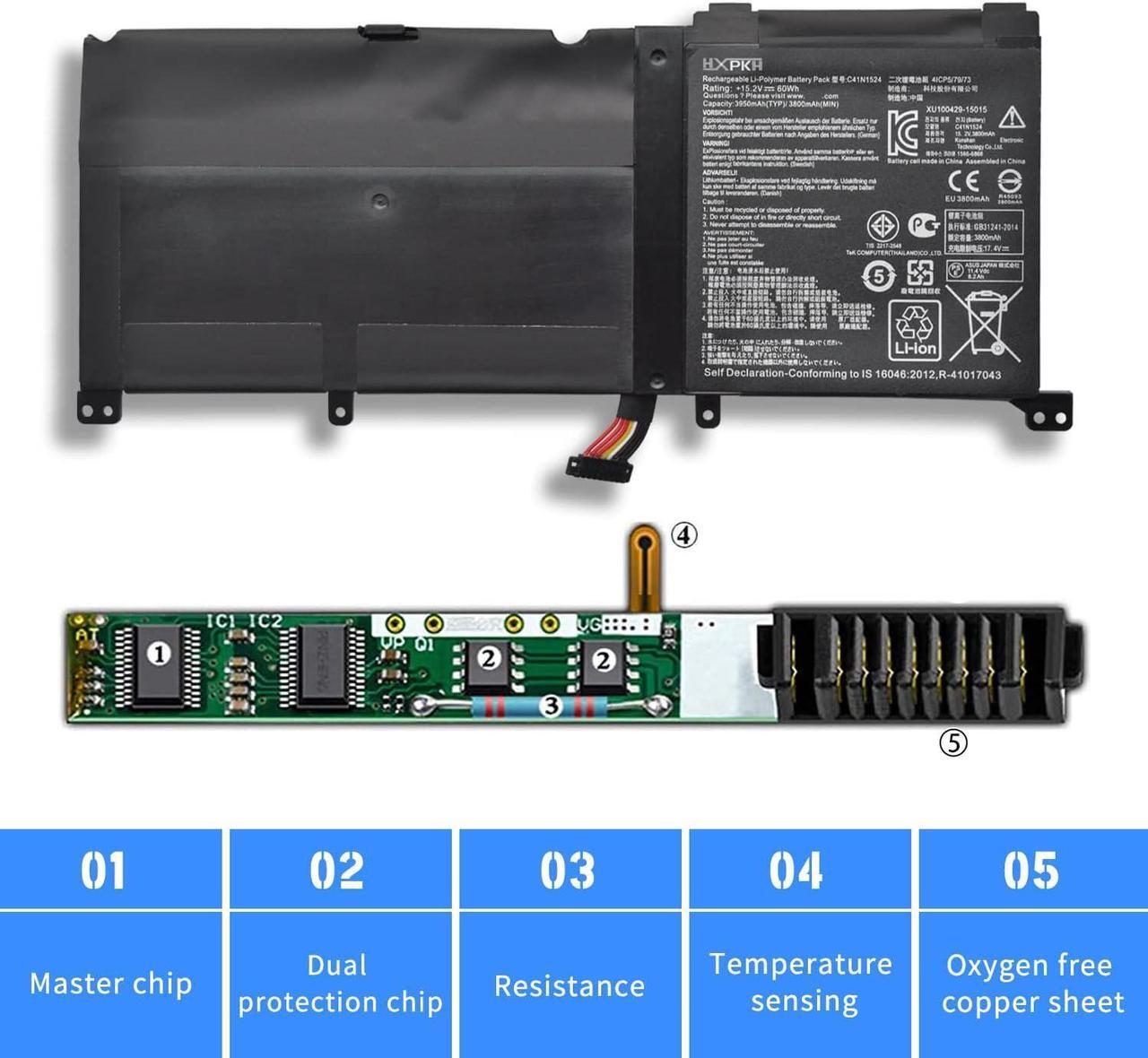 Alt view image 6 of 7 - HXPKH C41N1524 Laptop Battery for ASUS ZenBook G60V N501JW-1A N501JW-1B N501JW-2A N501JW-2B N501VW N501VW-2B UX501JW UX501VW UX501VW-FY103T for ROG G501VW G501VW-BSI7N25 Series 0B200-01250200 C41PMC5