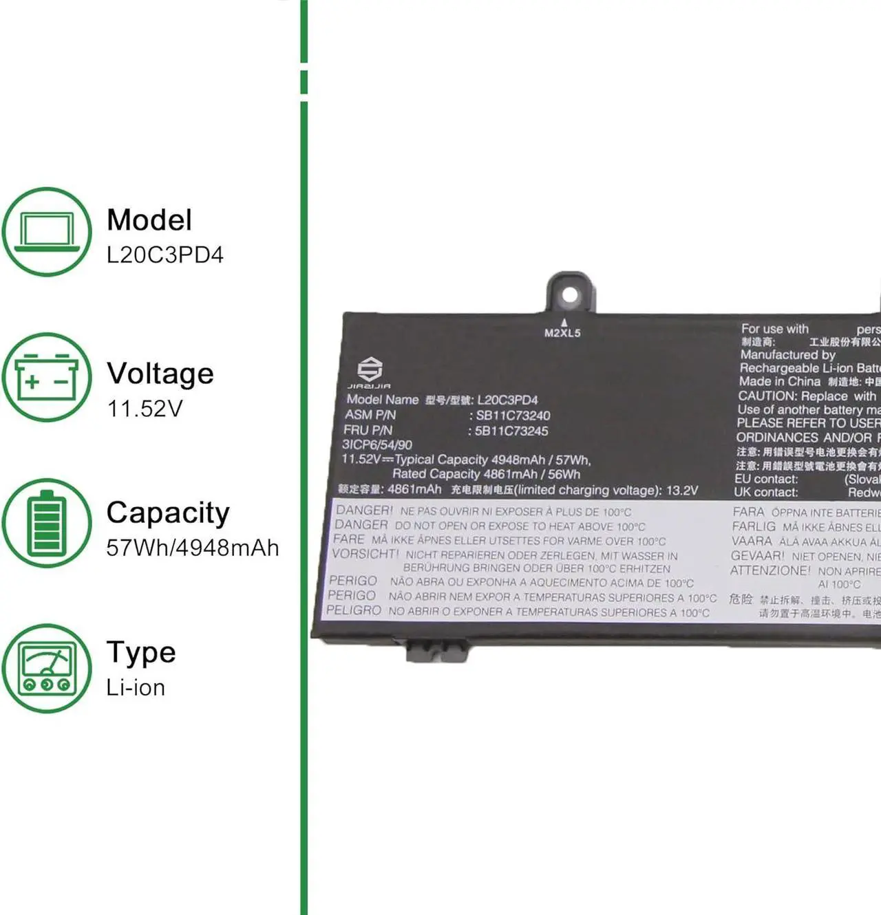 Alt view image 2 of 5 - L20C3PD4 SB11C73240 5B11C73245 Battery Replacement for Lenovo Thinkpad E14 E15 3rd Gen 2021 4th Gen 2022 Series L20M3PD4 SB11C73243 5B11C73244 L20D3PD4 SB11C73241 5B11C73242 L20L3PD4 5B11E24665