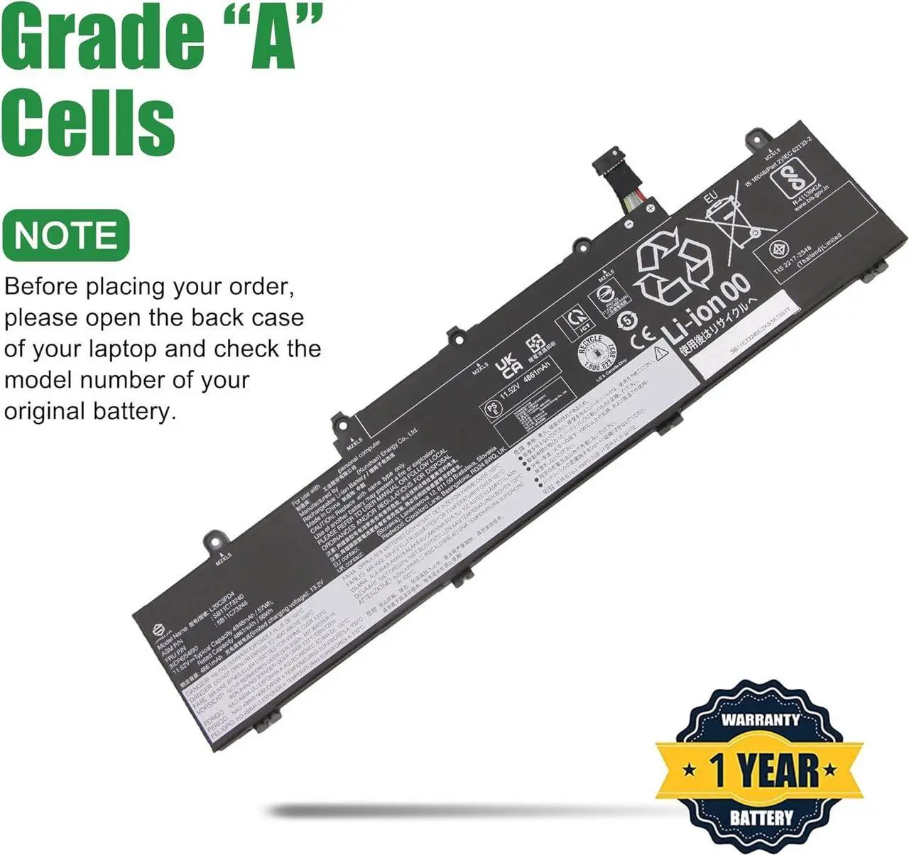 Alt view image 3 of 5 - L20C3PD4 SB11C73240 5B11C73245 Battery Replacement for Lenovo Thinkpad E14 E15 3rd Gen 2021 4th Gen 2022 Series L20M3PD4 SB11C73243 5B11C73244 L20D3PD4 SB11C73241 5B11C73242 L20L3PD4 5B11E24665