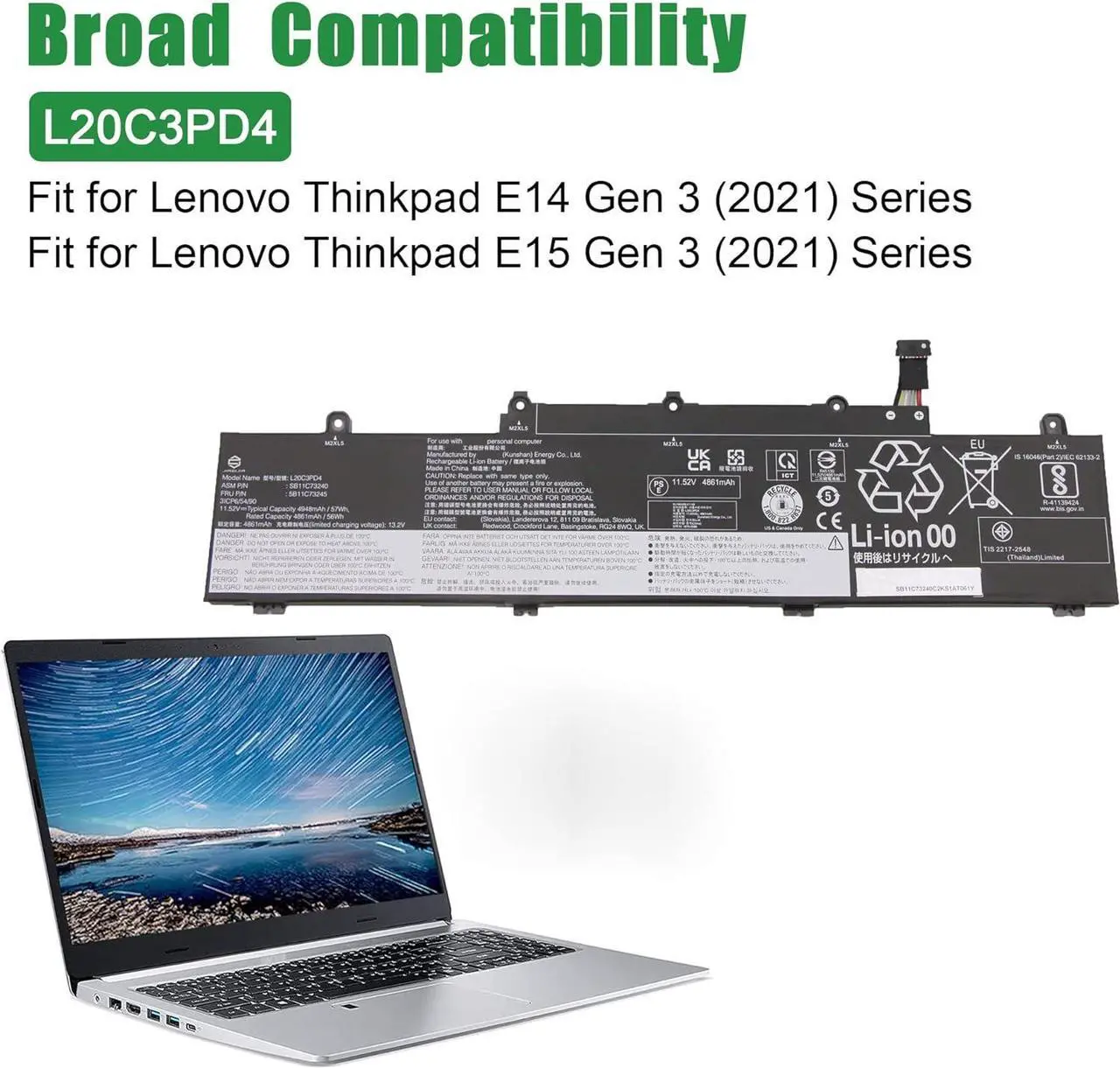 Alt view image 4 of 5 - L20C3PD4 SB11C73240 5B11C73245 Battery Replacement for Lenovo Thinkpad E14 E15 3rd Gen 2021 4th Gen 2022 Series L20M3PD4 SB11C73243 5B11C73244 L20D3PD4 SB11C73241 5B11C73242 L20L3PD4 5B11E24665