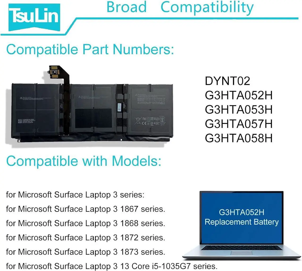 Alt view image 6 of 7 - TsuLin G3HTA052H DYNT02 Laptop Battery for Microsoft Surface Laptop 3 1867 1868 1872 13.5" G3HTA053H G3HTA057H G3HTA058H with Tools 7.58V 45.8Wh 6041mAh