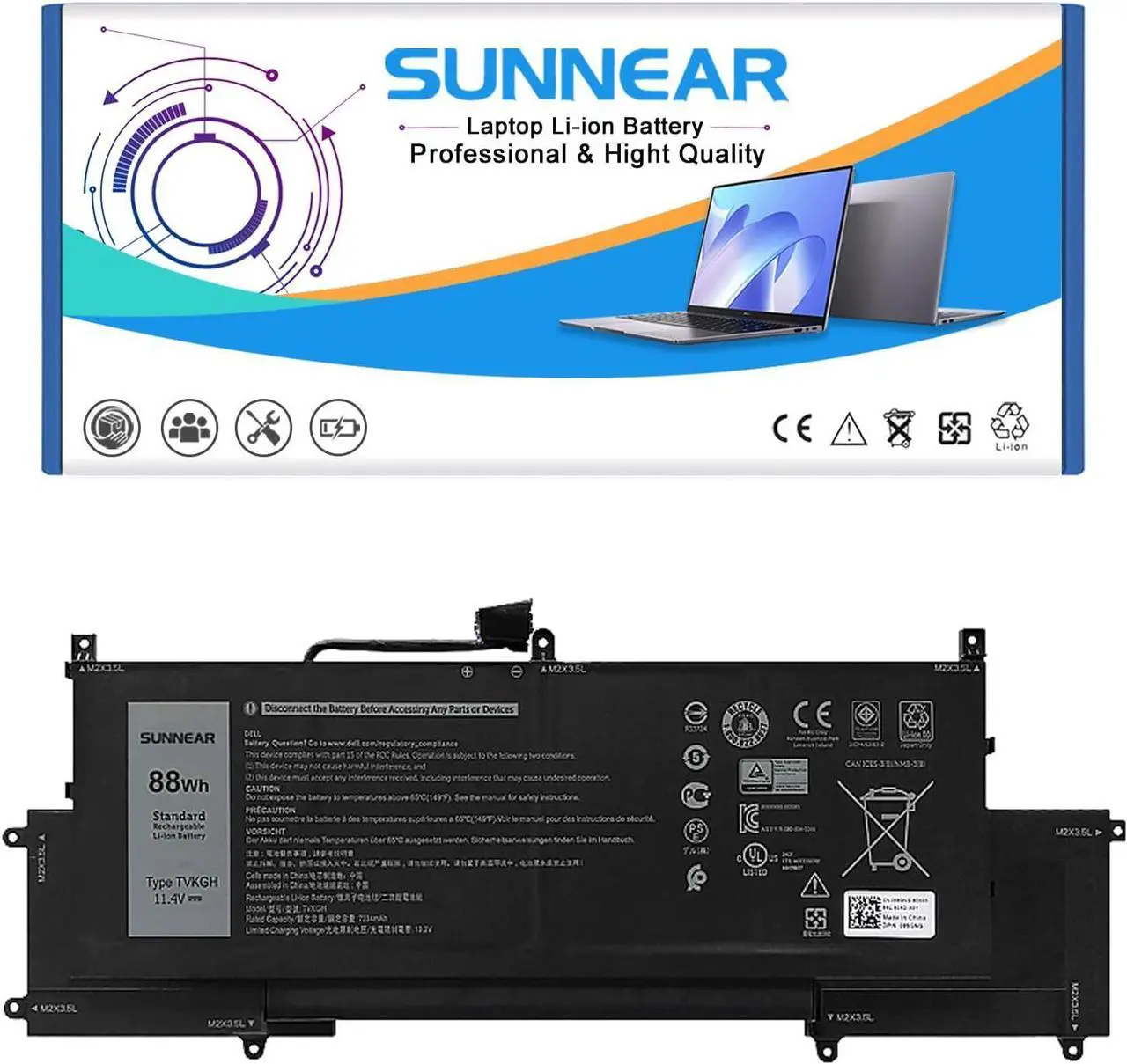 Main image of SUNNEAR TVKGH Laptop Battery Replacement for DELL Latitude 9510 2-in-1 Series Notebook N7HT0 089GNG 0HYMNG 11.4V 88Wh 7334mAh 6-Cell