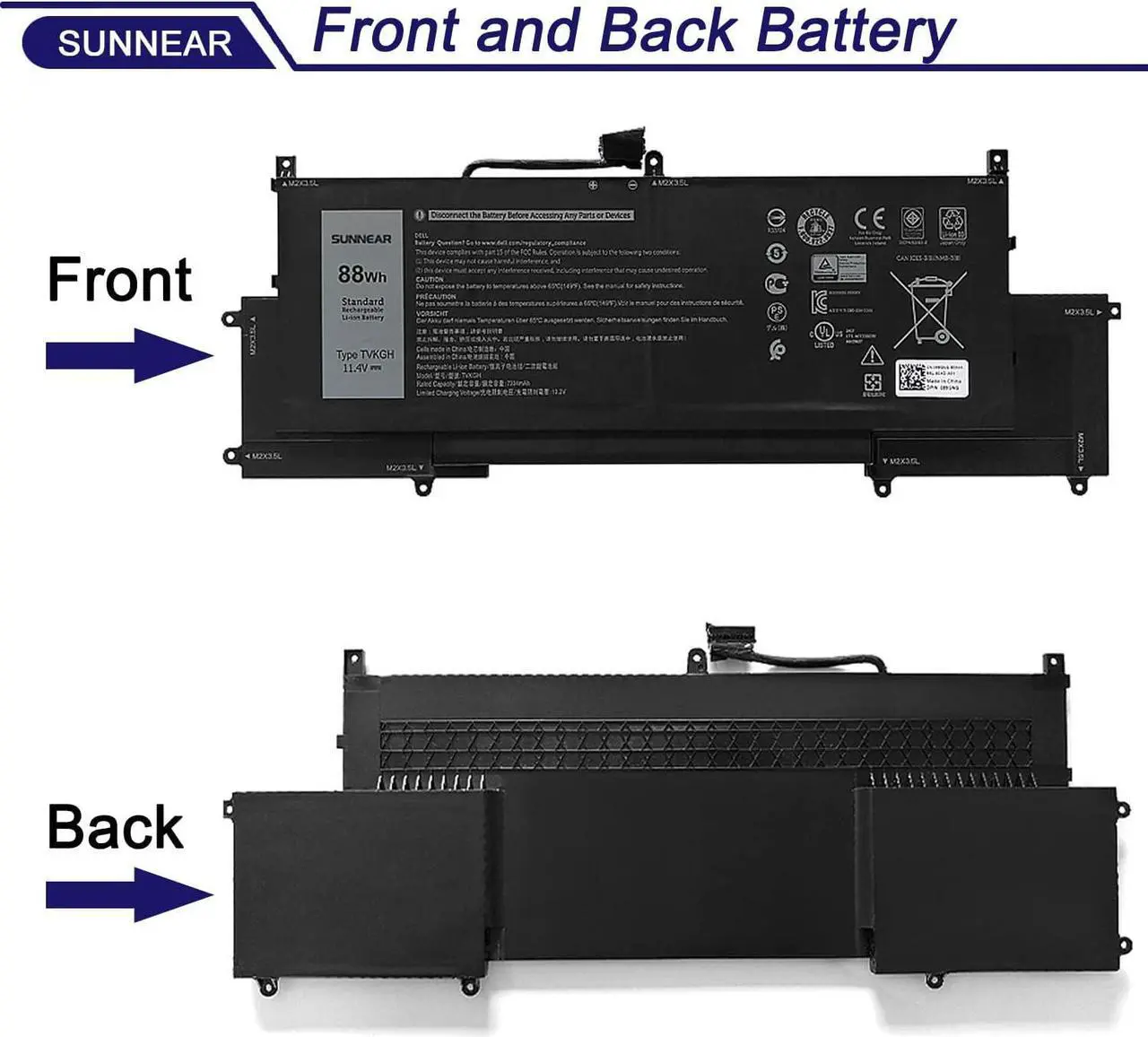 Alt view image 3 of 5 - SUNNEAR TVKGH Laptop Battery Replacement for DELL Latitude 9510 2-in-1 Series Notebook N7HT0 089GNG 0HYMNG 11.4V 88Wh 7334mAh 6-Cell