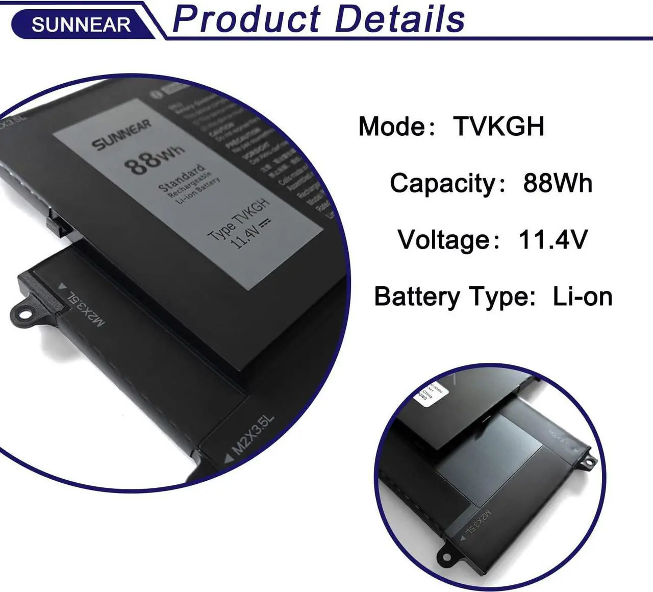 Alt view image 2 of 5 - SUNNEAR TVKGH Laptop Battery Replacement for DELL Latitude 9510 2-in-1 Series Notebook N7HT0 089GNG 0HYMNG 11.4V 88Wh 7334mAh 6-Cell