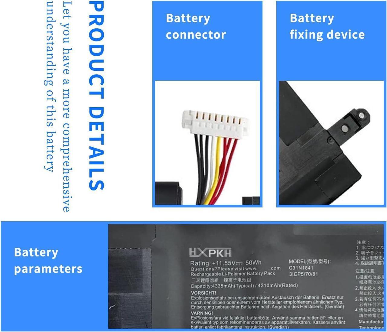 Alt view image 3 of 7 - HXPKH C31N1841 Laptop Battery for ASUS ZenBook UX333FAC UX334FA UX334FL UX433FL UX433FLC UM433DA UM433IQ UM434DA UM434IQ UX434DA UX434F UX434FA UX434FL UX434FAC UX434FAW UX434IQ Q427FL Series 50Wh