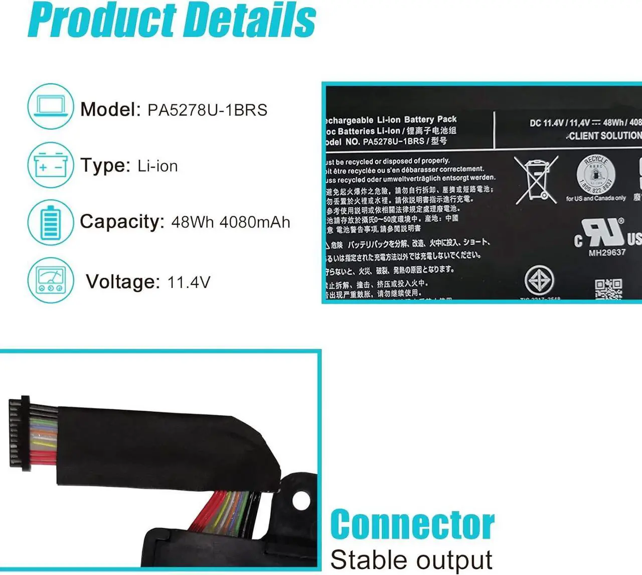 Alt view image 2 of 7 - PA5278U-1BRS 48Wh Battery for Toshiba Portege X30 X30-D X30-D-10V X30-D-121 X30-E X30-E-12H X30-E-10U Tecra X40 X40-D X40-D-10E X40-E X40-E-108 Series PA5278U 11.4V 4080mAh