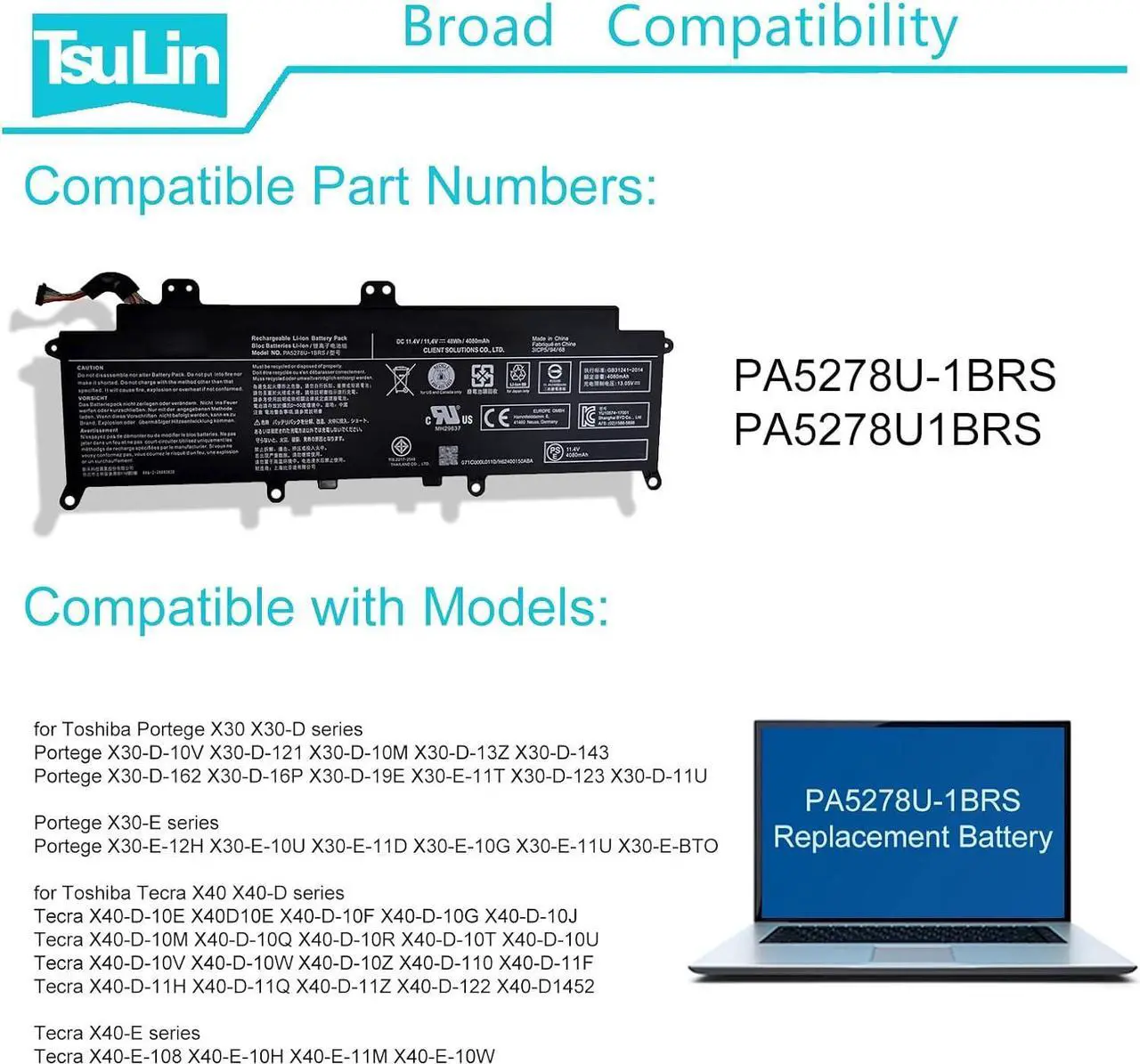 Alt view image 6 of 7 - PA5278U-1BRS 48Wh Battery for Toshiba Portege X30 X30-D X30-D-10V X30-D-121 X30-E X30-E-12H X30-E-10U Tecra X40 X40-D X40-D-10E X40-E X40-E-108 Series PA5278U 11.4V 4080mAh