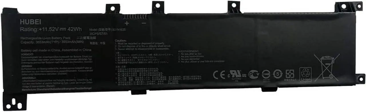Main image of Hubei B31N1635 B3INI635 0B200-02540000 Laptop Battery Replacement for Asus A705 A705U X705UA N705UD N705UN N705UQ X705UV X705NA X705NC Series(11.52V 42Wh 3653mAh)