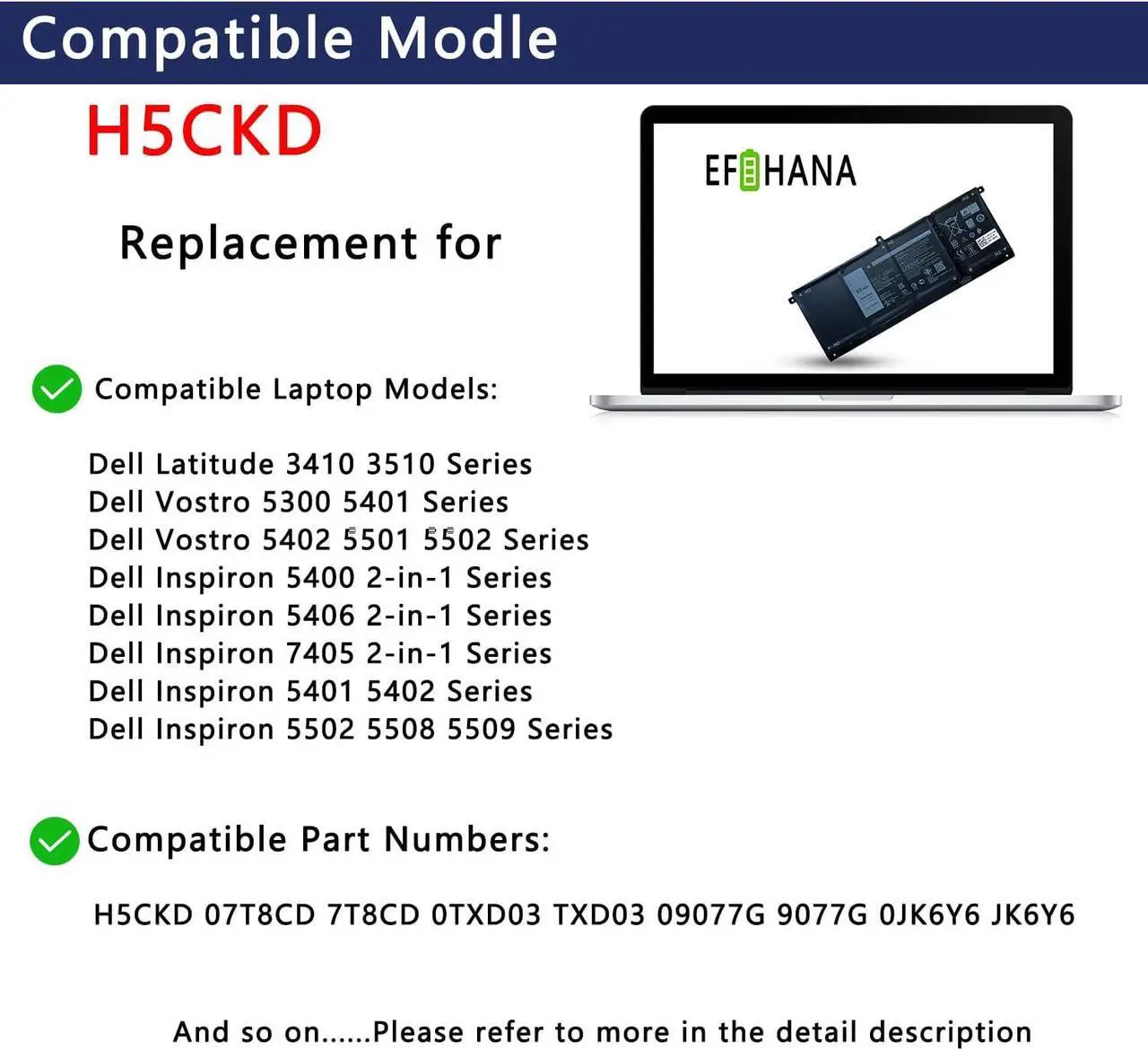 Alt view image 5 of 5 - H5CKD Laptop Battery Replacement for Dell Latitude 3410 3510 Vostro 5300 5301 5401 5501 Inspiron 5300 5401 5408 5501 5508 5400 5406 7405 7300 7500 7506 2-in-1 Silver Edition 7T8CD TXD03 15V 53Wh