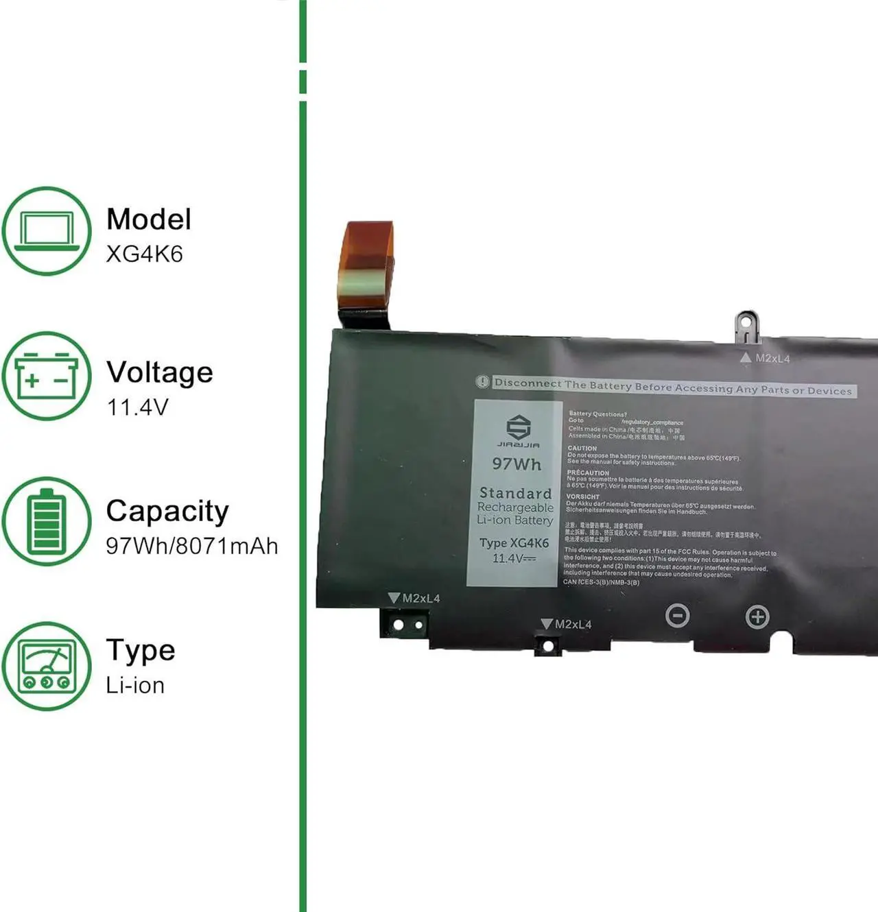 Alt view image 2 of 5 - JIAZIJIA XG4K6 01RR3 F8CPG Laptop Battery Replacement for XPS 9700 9710 9720 Precision 5750 5760 5770 Series Notebook 001RR3 0F8CPG 11.4V 97Wh