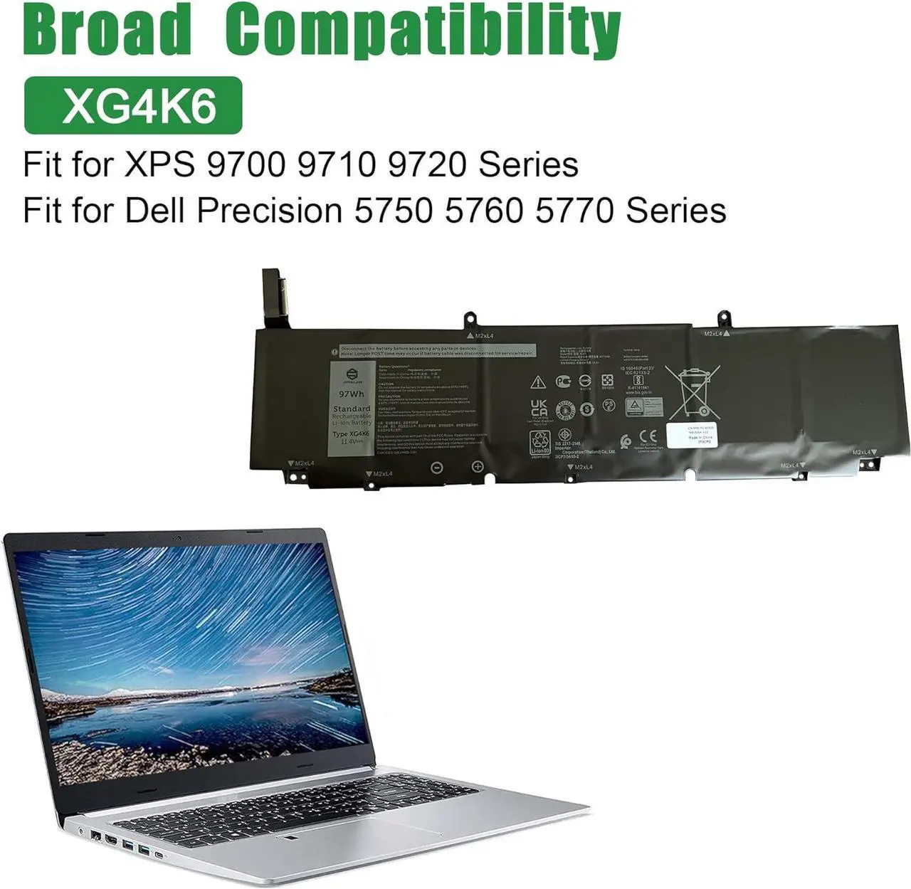 Alt view image 4 of 5 - JIAZIJIA XG4K6 01RR3 F8CPG Laptop Battery Replacement for XPS 9700 9710 9720 Precision 5750 5760 5770 Series Notebook 001RR3 0F8CPG 11.4V 97Wh