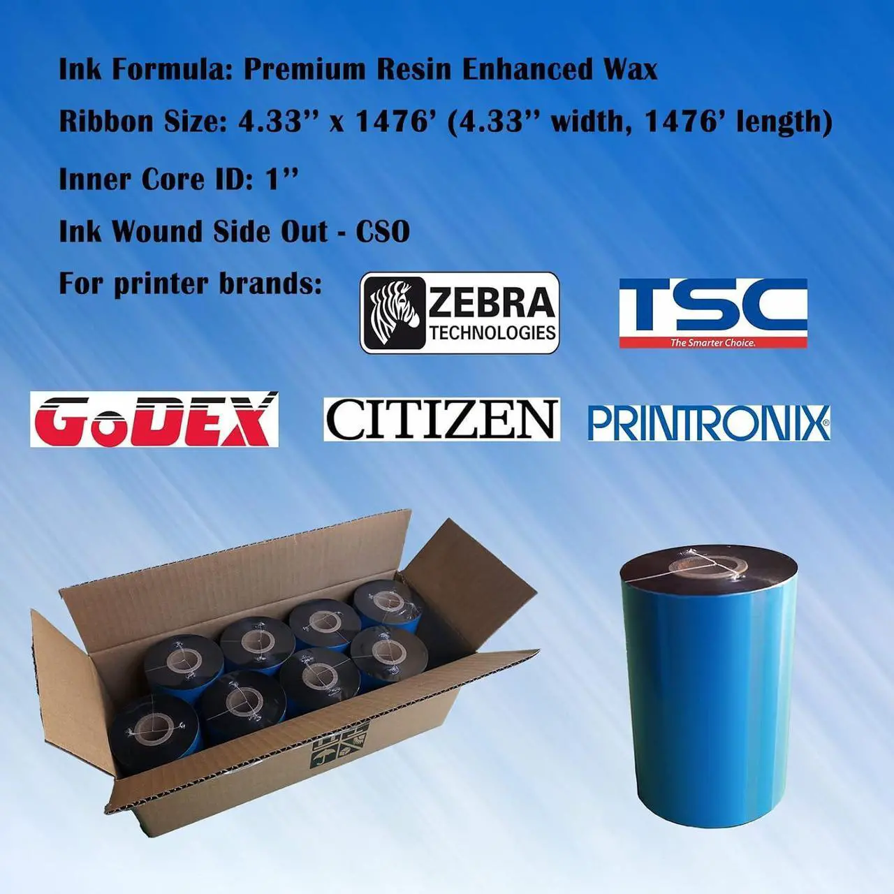 Alt view image 2 of 6 - 8 Rolls 4.33'' x 1476' Premium Resin Enhanced Wax Ribbon, 110mm x 450m Black Thermal Transfer Ribbon, Barcode Thermal Label Printer Ribbon, CSO-Ink Outside, 1'' Core for Zebra, TSC, GoDex, Citizen
