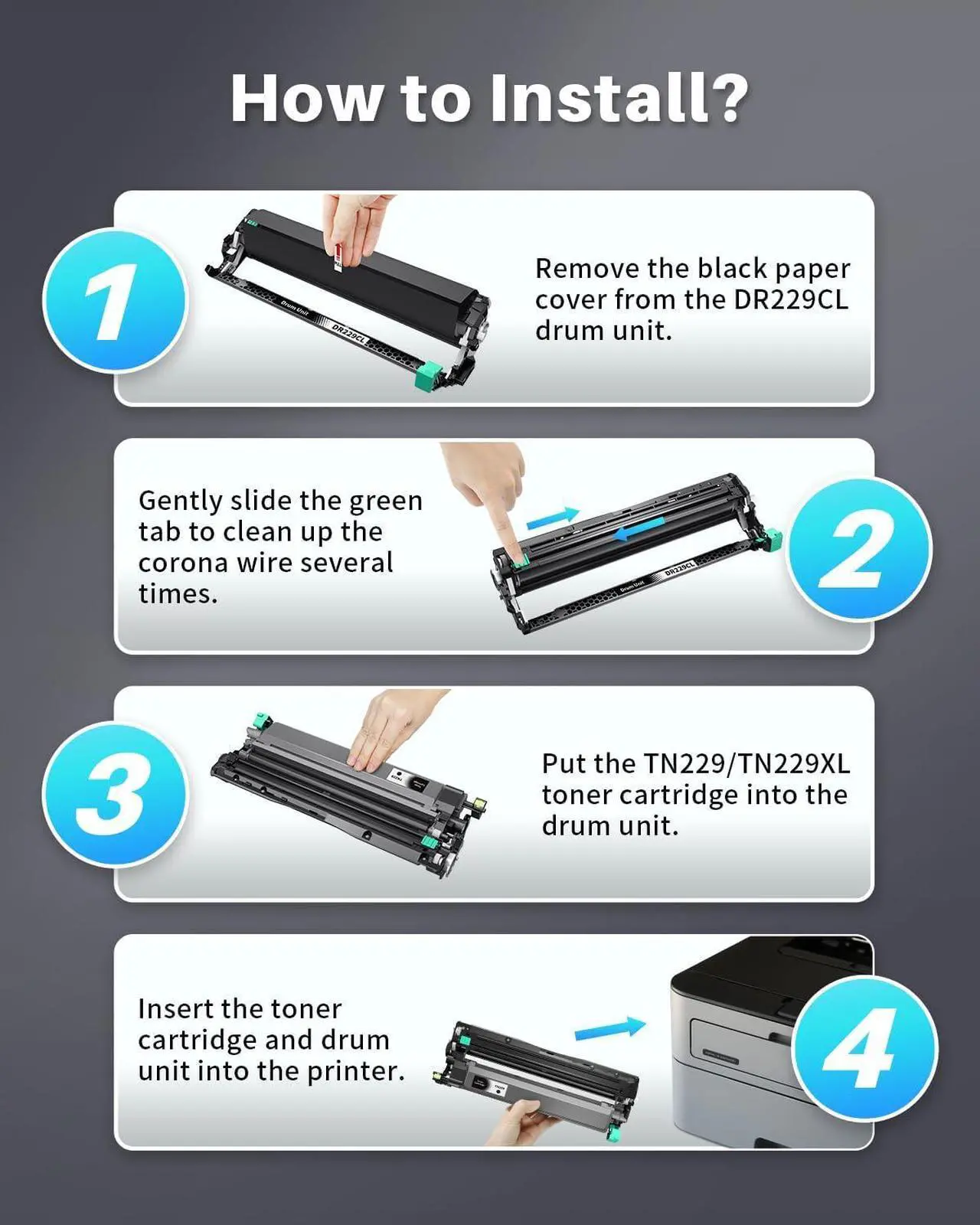 Alt view image 6 of 6 - DR229CL Drum Unit for Brother Printer Replacement for Brother DR-229CL DR229 Drum Unit for Brother HL-L3220CDW HL-L3280CDW MFC-L3720CDW MFC-L3780CDW HL-L3300CDW HL-L3295CD Printer (4 Pack, NOT Toner)