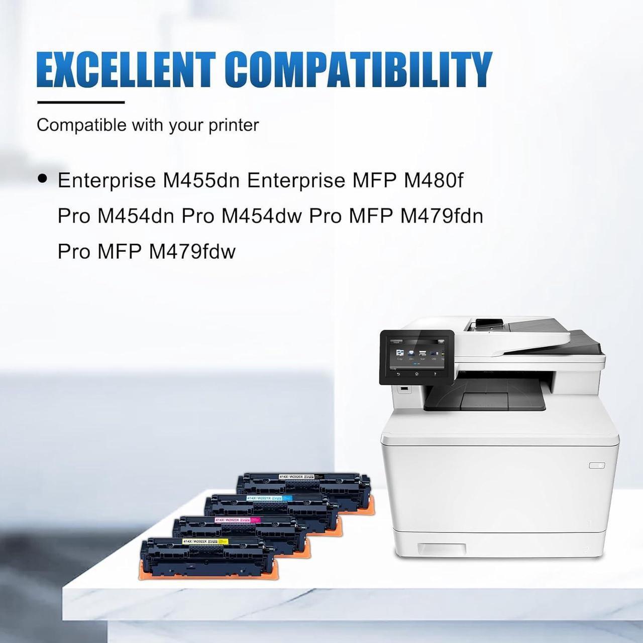 Alt view image 2 of 7 - 414X Toner Cartridge 4-Pack High Yield (with Chip) Replacement   414X W2020X W2021X W2022X W2023X Works with Enterprise M455dn MFP M480f Pro M454dn M454dw Pro MFP M479fdn M479fdw Printer