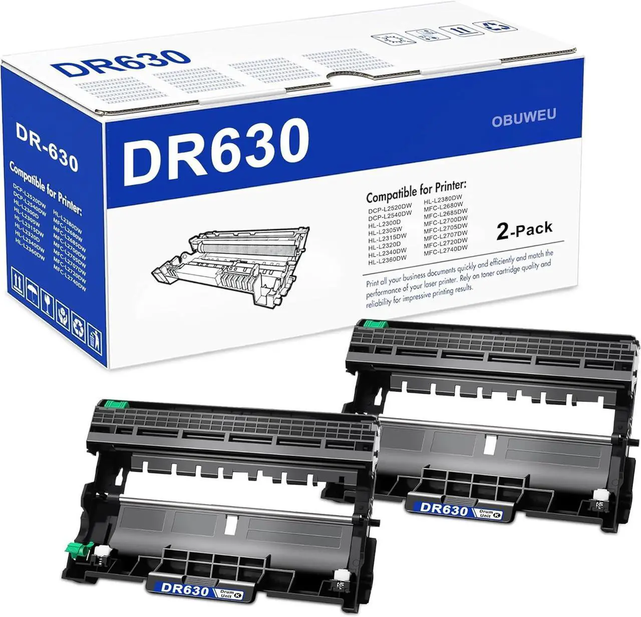 Main image of DR630 Drum Unit High Yield Compatible for Brother DR 630 DR-630 HL-L2300D HL-L2320D HL-L2340DW HL-L2360DW HL-L2380DW MFC-L2700DW MFC-L2720DW DCP-L2520DW DCP-L2540DW Printer (2 Pack, NOT Toner)
