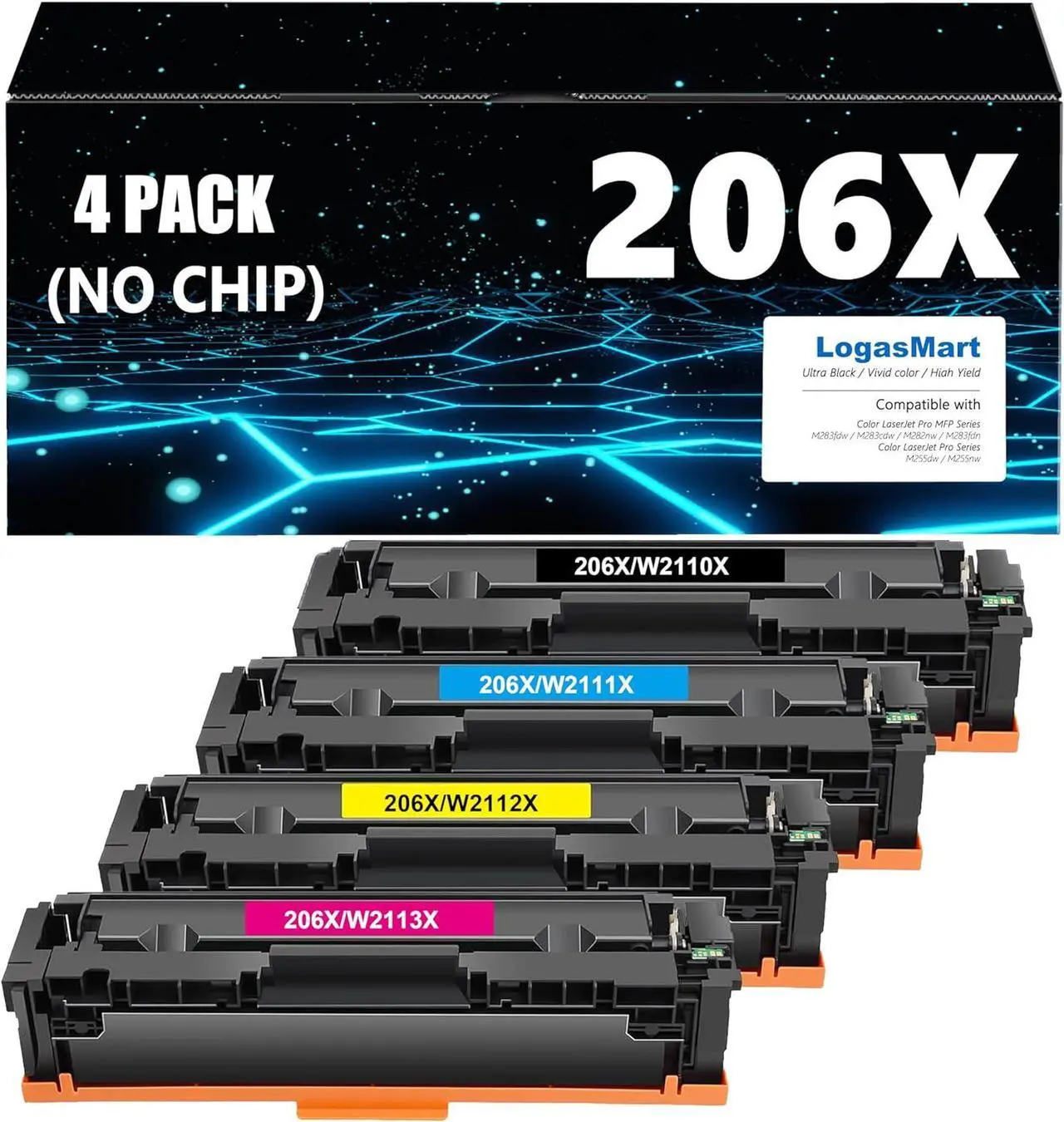 Main image of 206X Toner Cartridge 4 Pack 206A Replacement   206X HP 206A W2110X W2110A Color Pro MFP M283fdw M283cdw M282nw M255dw Toner Cartridge (1*Black 1*Cyan 1*Magenta 1*Yellow)