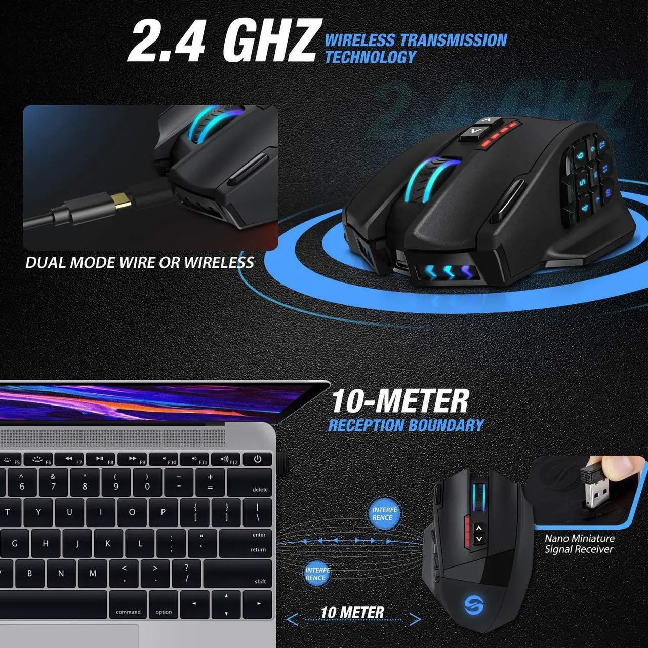 Alt view image 3 of 6 - Venus Pro RGB Wireless MMO Gaming Mouse 16 000 DPI Optical Sensor 2.4 GHz Transmission Technology Ergonomic Design 16M Chroma RGB Lighting 16 programmable Buttons Up to 70 Hours