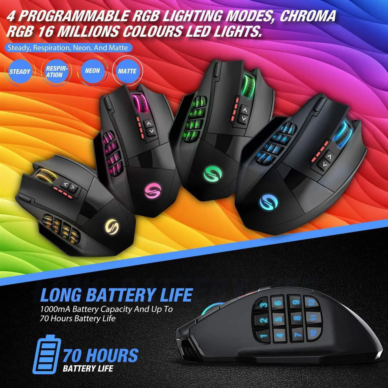 Alt view image 6 of 6 - Venus Pro RGB Wireless MMO Gaming Mouse 16 000 DPI Optical Sensor 2.4 GHz Transmission Technology Ergonomic Design 16M Chroma RGB Lighting 16 programmable Buttons Up to 70 Hours