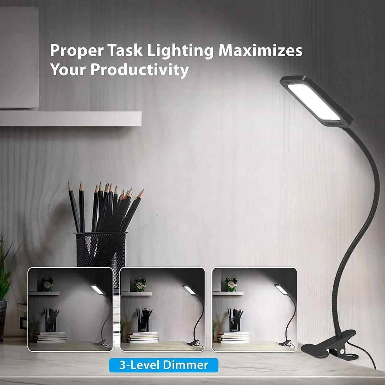 Alt view image 4 of 8 - TROND LED Desk Lamp with Clamp, 3-Level Dimmable Desk Light 6000K Daylight, Extra-Long Flexible Gooseneck Clip on Light, Eye-Care Clamp Lamp for Painting, Workbench, Reading or Sewing, Bed Bedside