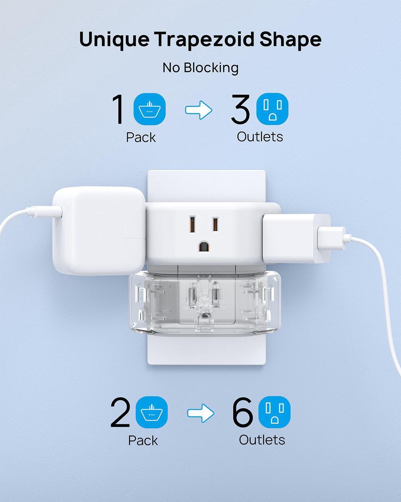 Alt view image 3 of 7 - Multi Plug Outlet Extender 2 Pack - TROND Electrical Wall Outlet Splitter, 3 Way Outlet Wall Adapter, Cruise Essentials, Small Multiple Plug Expander for Cruise Ship Home Office Dorm Room White