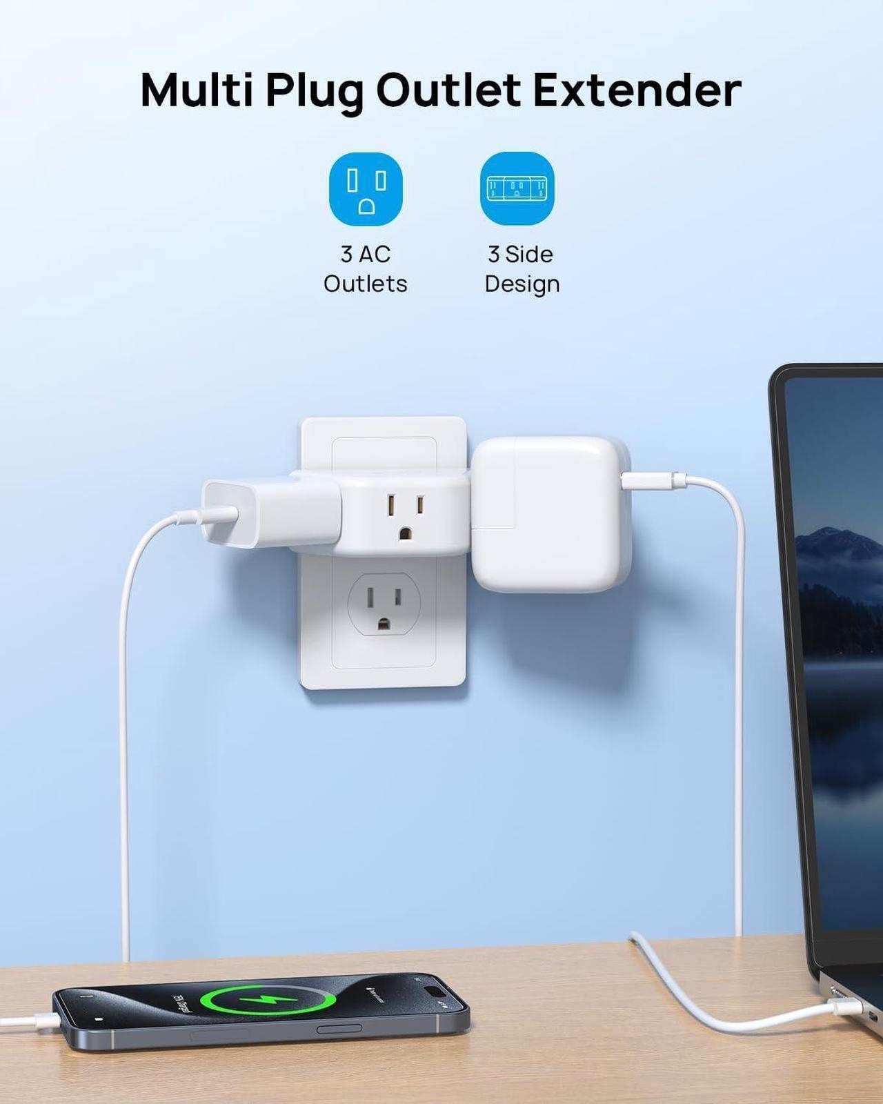 Alt view image 7 of 7 - Multi Plug Outlet Extender 2 Pack - TROND Electrical Wall Outlet Splitter, 3 Way Outlet Wall Adapter, Cruise Essentials, Small Multiple Plug Expander for Cruise Ship Home Office Dorm Room White