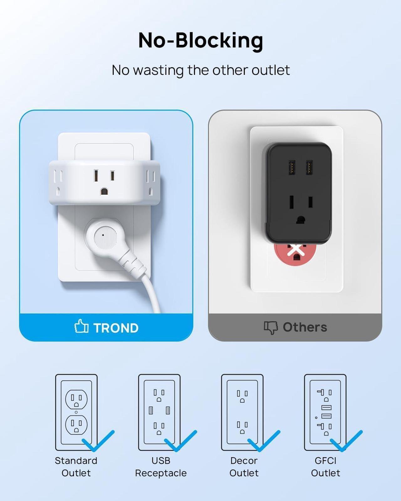 Alt view image 4 of 7 - Multi Plug Outlet Extender 2 Pack - TROND Electrical Wall Outlet Splitter, 3 Way Outlet Wall Adapter, Cruise Essentials, Small Multiple Plug Expander for Cruise Ship Home Office Dorm Room White